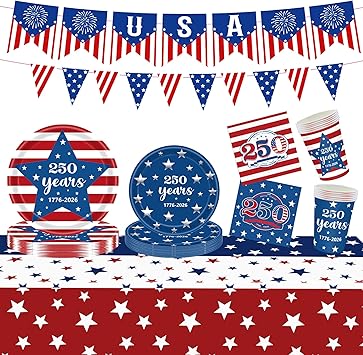 FLUUZE 4th of July Party Supplies American 250th Anniversary Patriotic Party Kit, Plates, Napkins, Cups & Banner, Serves 24 Guests