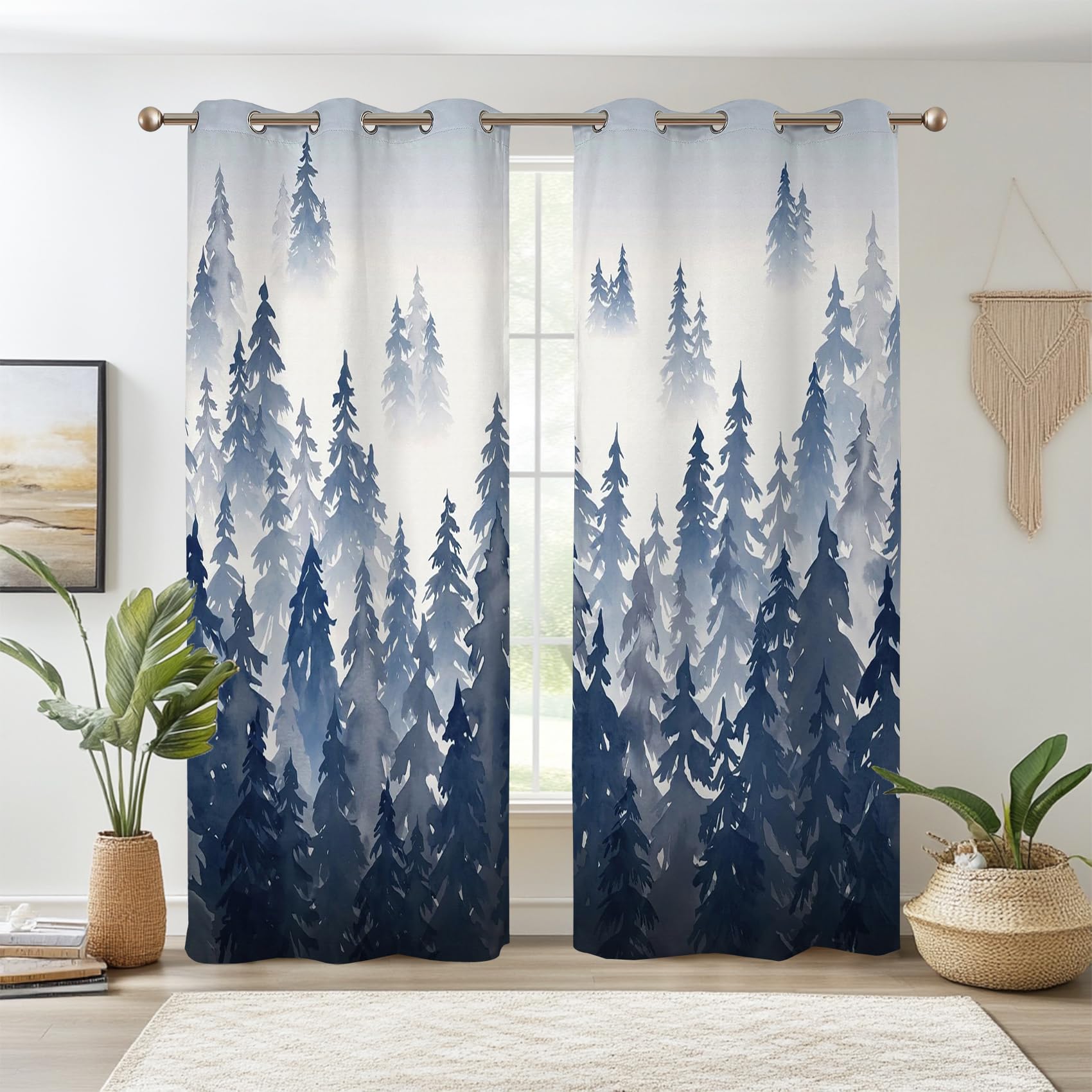 Renaiss Gray Blue Forest Blackout Curtains, Pine Mountain Forest Curtains for Bedroom Room Darkening Woodland Nature Window Curtain Panels for Living Room 42Wx63L inch 2 Panels Set