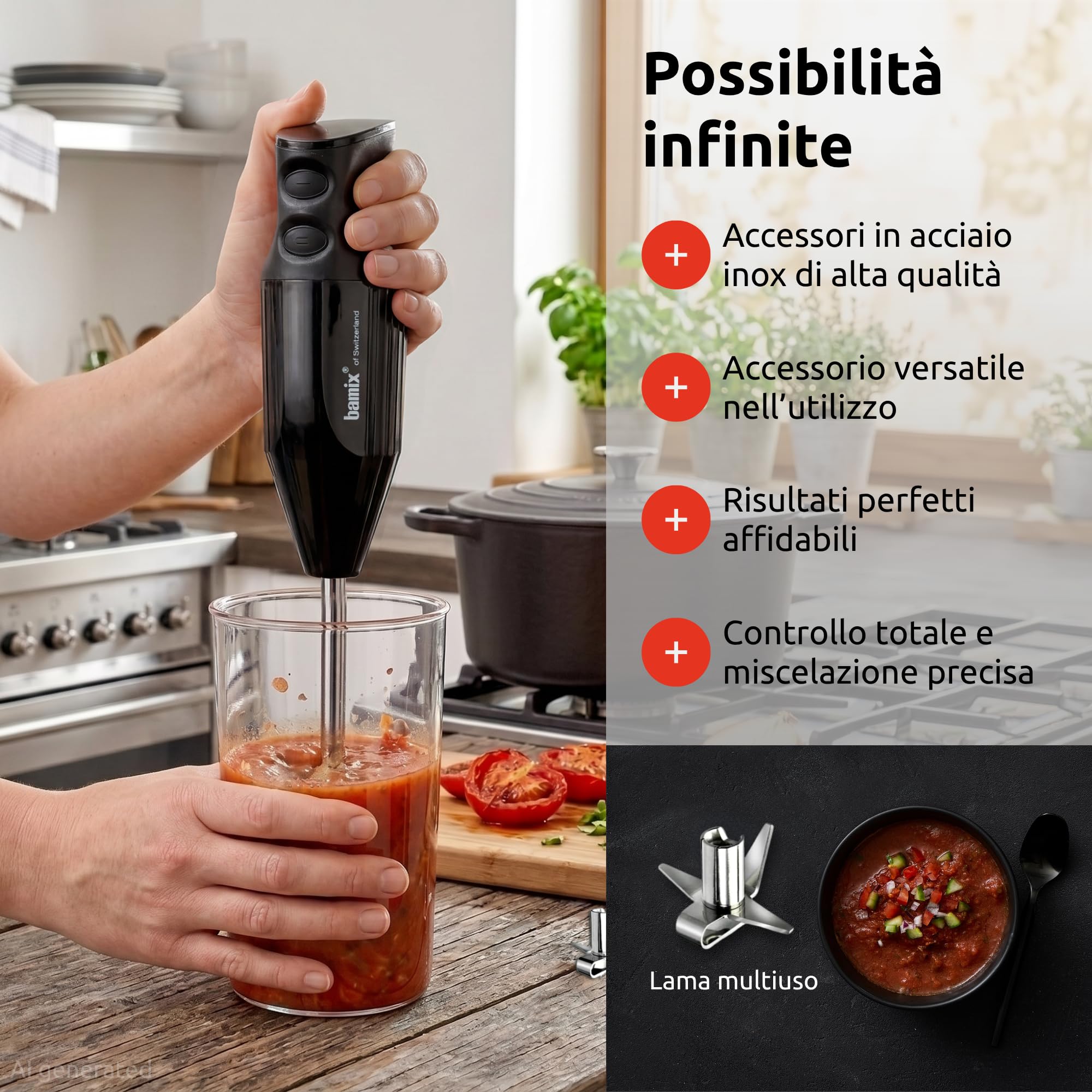 bamix Frullatore a immersione acciaio M160 ONE incl. lama multiuso in acciaio inox, 160 watt, 2 velocità, Made in Switzerland, Nero