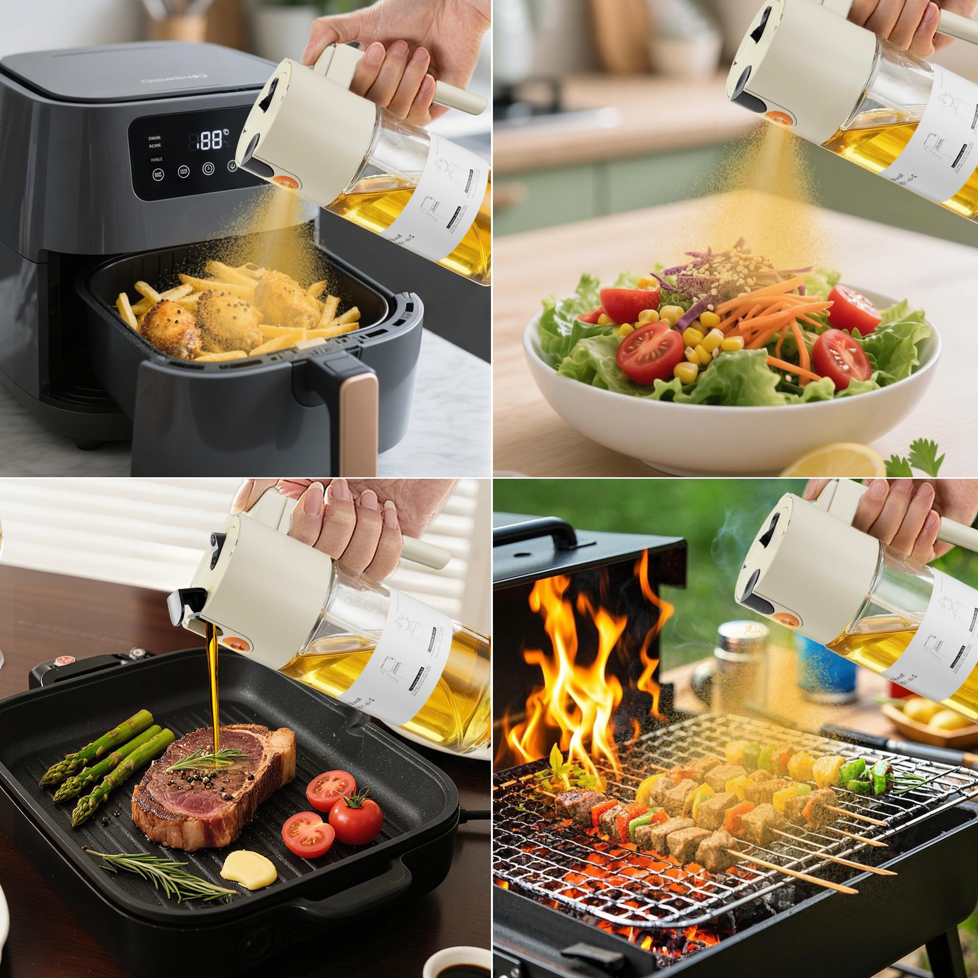 LAKUMIQI Ölsprüher zum Kochen mit auslaufsicherer Dichtung, One-Touch-Nebel, 600 ml Küchenölspenderflasche für Luftfritteuse, Grillen, Backen, Salat (weiß)