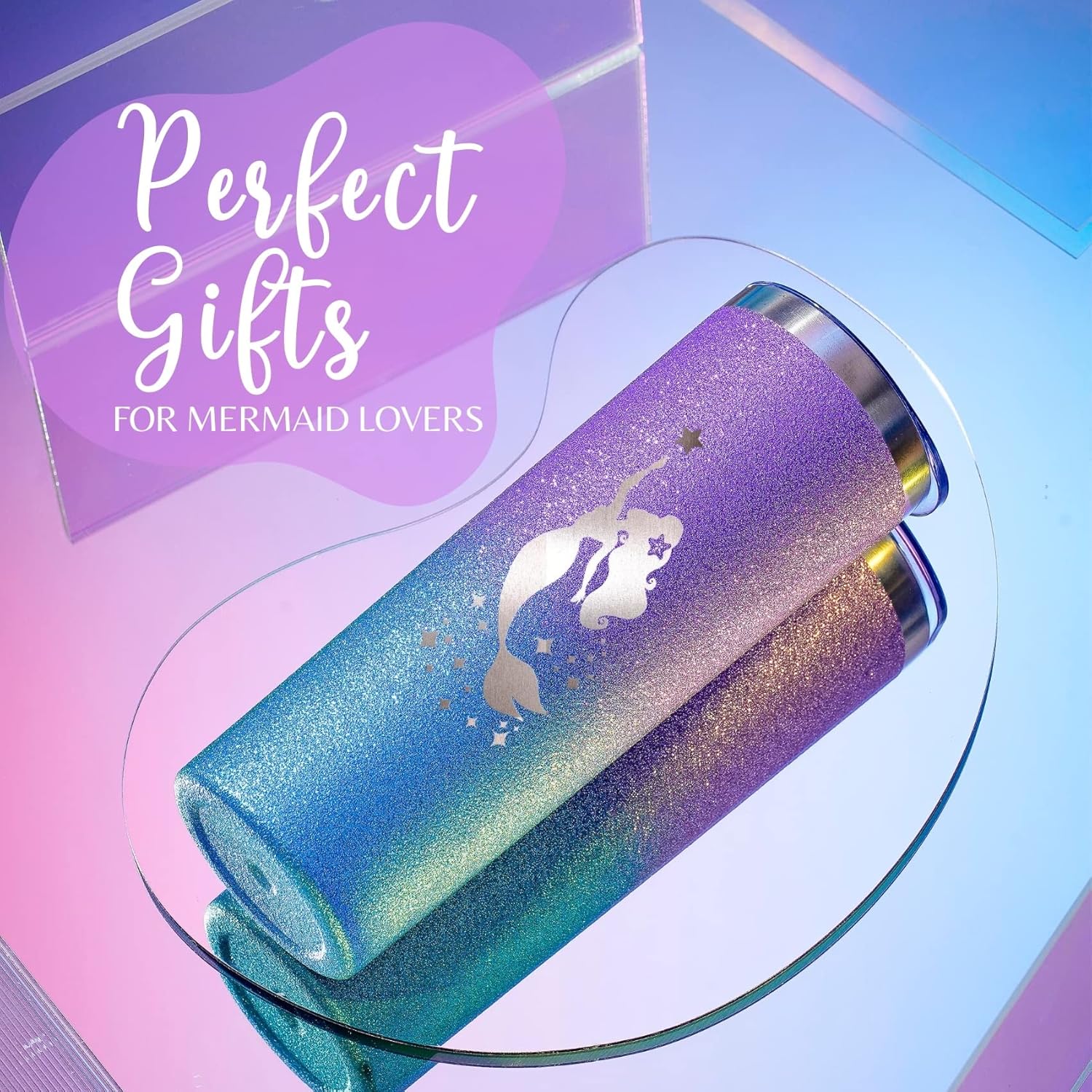 Onebttl Mermaid Gifts for Girls & Women - 20oz/590ml Stainless Steel Insulated Tumbler with Straw & Lid - Be Mermazing (Glitter Purple Blue)