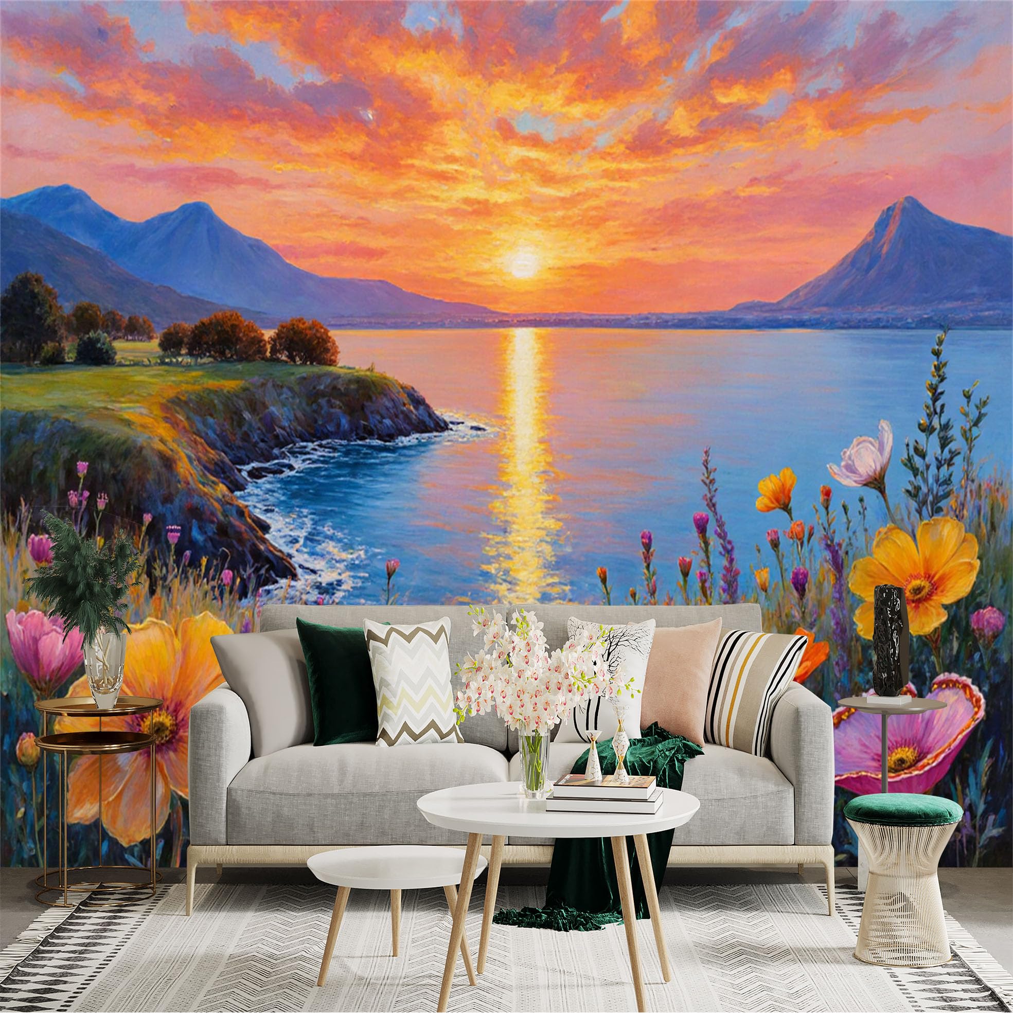 Lnzczhyre Xc260505272 Custom Size Wall Sticker Mural， Sunset Over Ocean， Colorful Wildflowers Field， Coastal Mountain Landscape， Scenic Nature View， For Wall Decoration， Peelandstick Wall Decals.