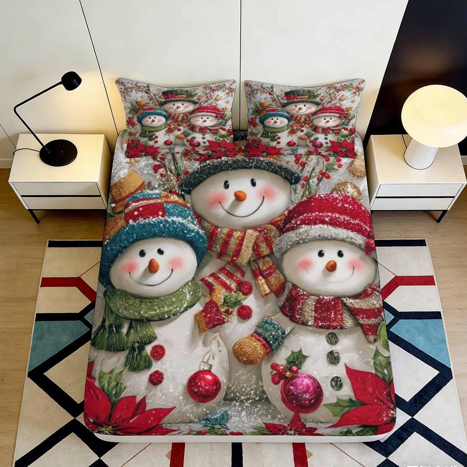 3D Printed Snowman Christmas Fitted Sheet Microfiber Soft Festive Holiday Bed Cover Bedroom Dorm Decor 90x200x25cm