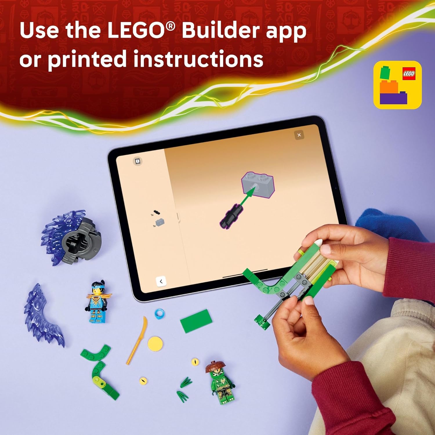 A tablet displaying the LEGO Builder app with building instructions, surrounded by LEGO pieces and a child's hands.