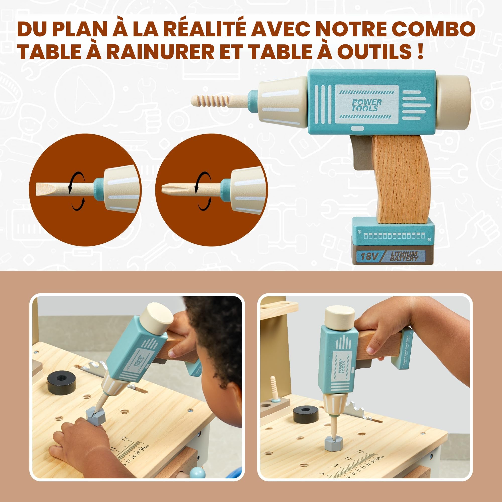 Kit d'outils pour enfants, banc à outils en bois avec tablier, jouet pour tout-petit, établi avec outils réalistes, perceuse électrique, jouet STEM BAU, cadeau pour garçons et filles de 3 à 9 ans