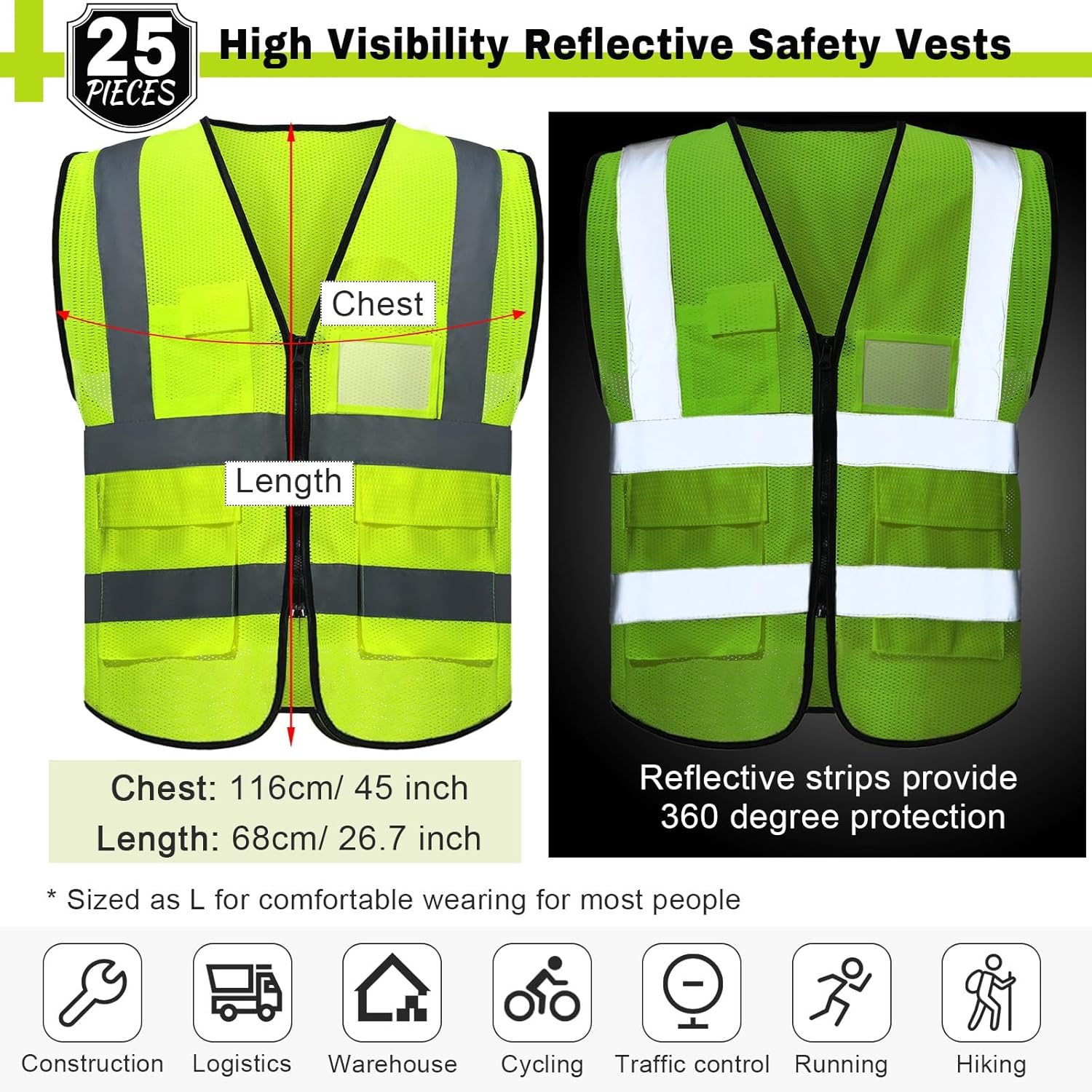 Newcotte 25 Pack Safety Vests Bulk Yellow Reflective High Visibility Vest with Mesh Pocket Zipper, Hi Vis Silver Strip for Men, Neon - Image 2
