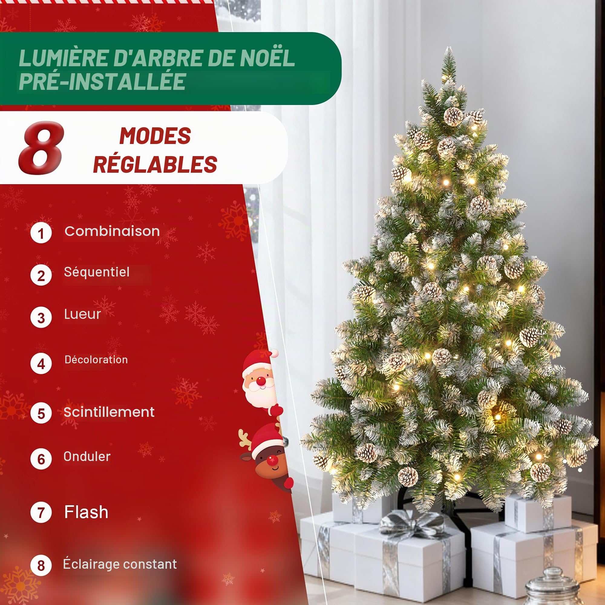 AufuN Sapin de Noël artificiel avec éclairage - 240 cm - Avec neige et pommes de pin - Montage rapide - Avec support