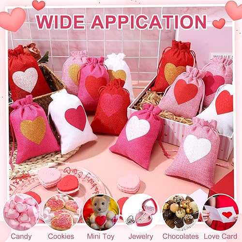 Miniatura 2 de 36 bolsas de arpillera de corazón para el día de San Valentín, 4 x 6 pulgadas, con cordón, pequeñas bolsas de joyería de lino, bolsas con cordón