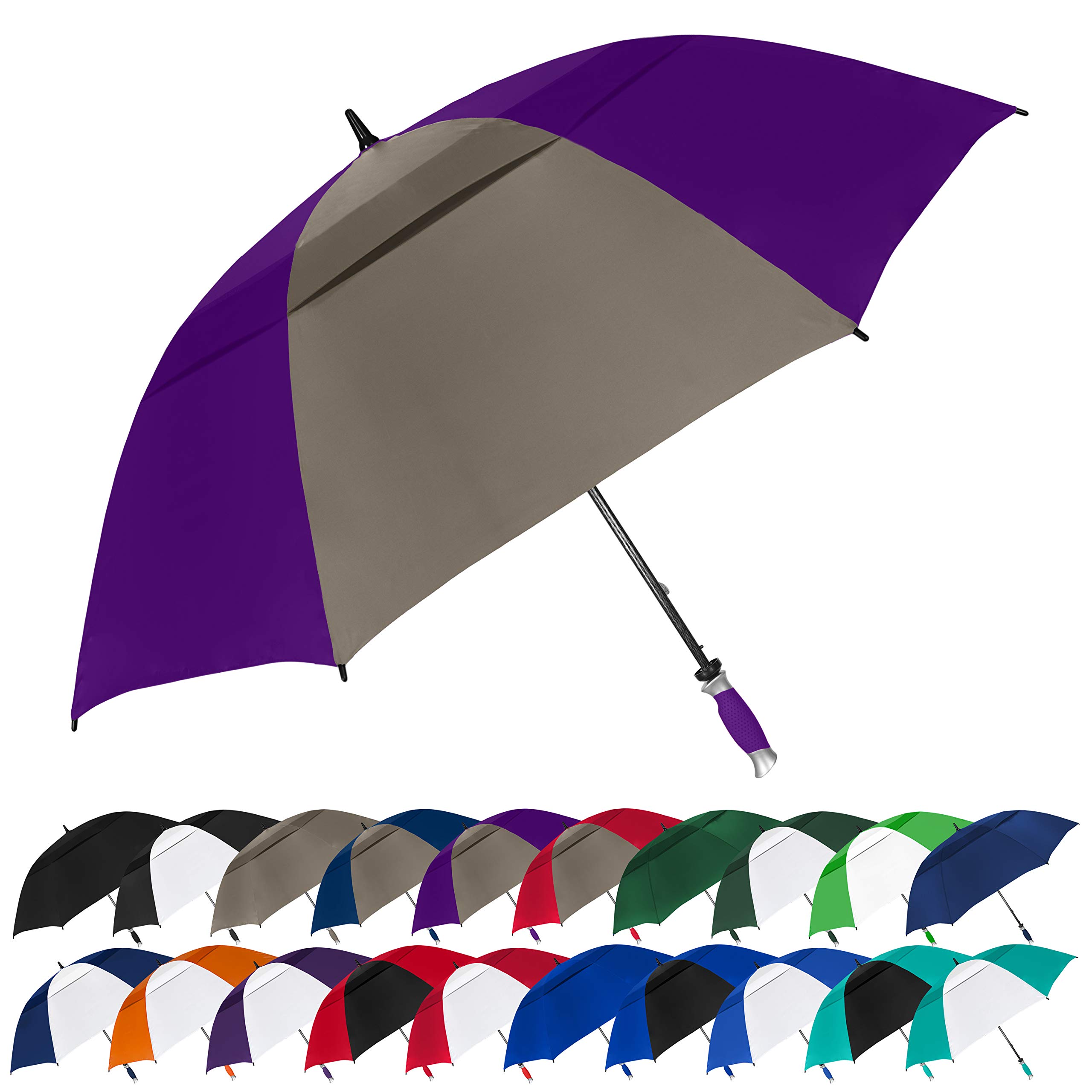 STROMBERGBRAND UMBRELLASThe Typhoon Tamer 62 Inch Vented Windproof Double Canopy Large Golf Umbrella for Rain & Wind, Strong Fiberglass Oversized Lightweight Professional Quality Golfers Umbrella for Men & Women, Gray/Purple