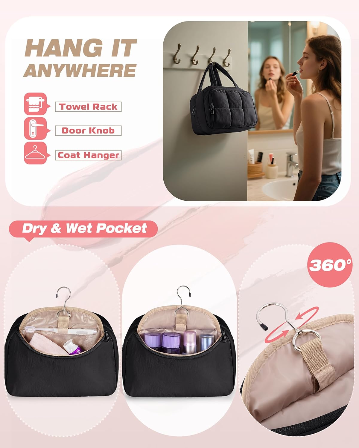 Travel Toiletry Bag for Women with Hanging Hook, Water Resistant Puffy Makeup Organizer with Leak Proof Pockets for Toiletries and Cosmetics - Black (Bag Only) - Image 2