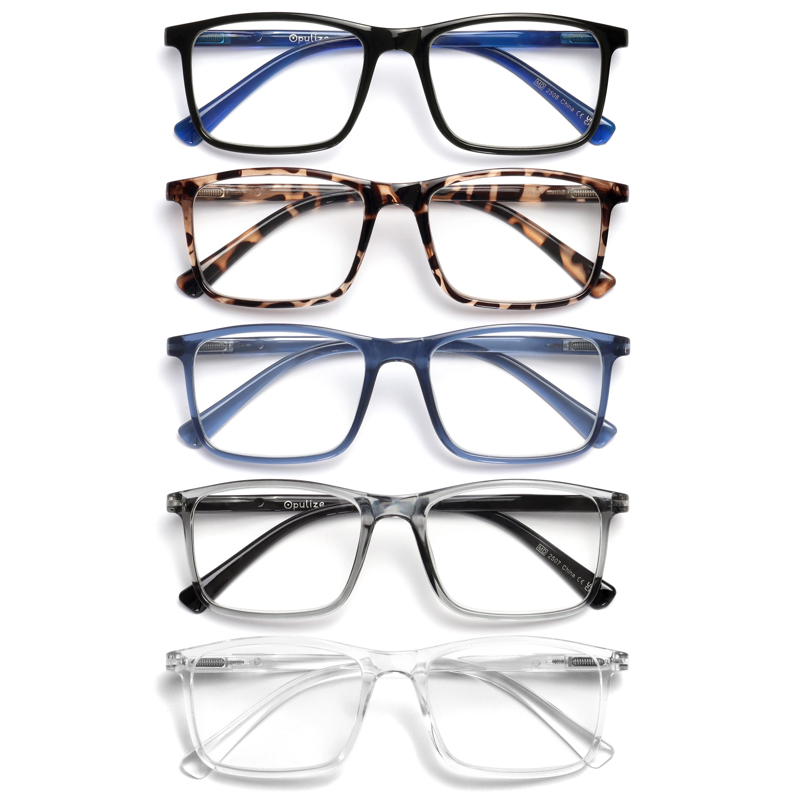OPULIZE INK Reading Glasses for Women Men, Large Rectangular Frame with Spring Hinges & Scratch Resistant, Black Brown Tortoiseshell Blue Grey Clear, +3.5(Pack of 5)