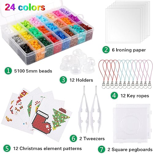 Miniatura 2 de AUGSUN Kit de cuentas de fusibles de Navidad, 5100 unidades + 24 colores para manualidades, juego de cuentas de fusión para niños, 12 estilos de
