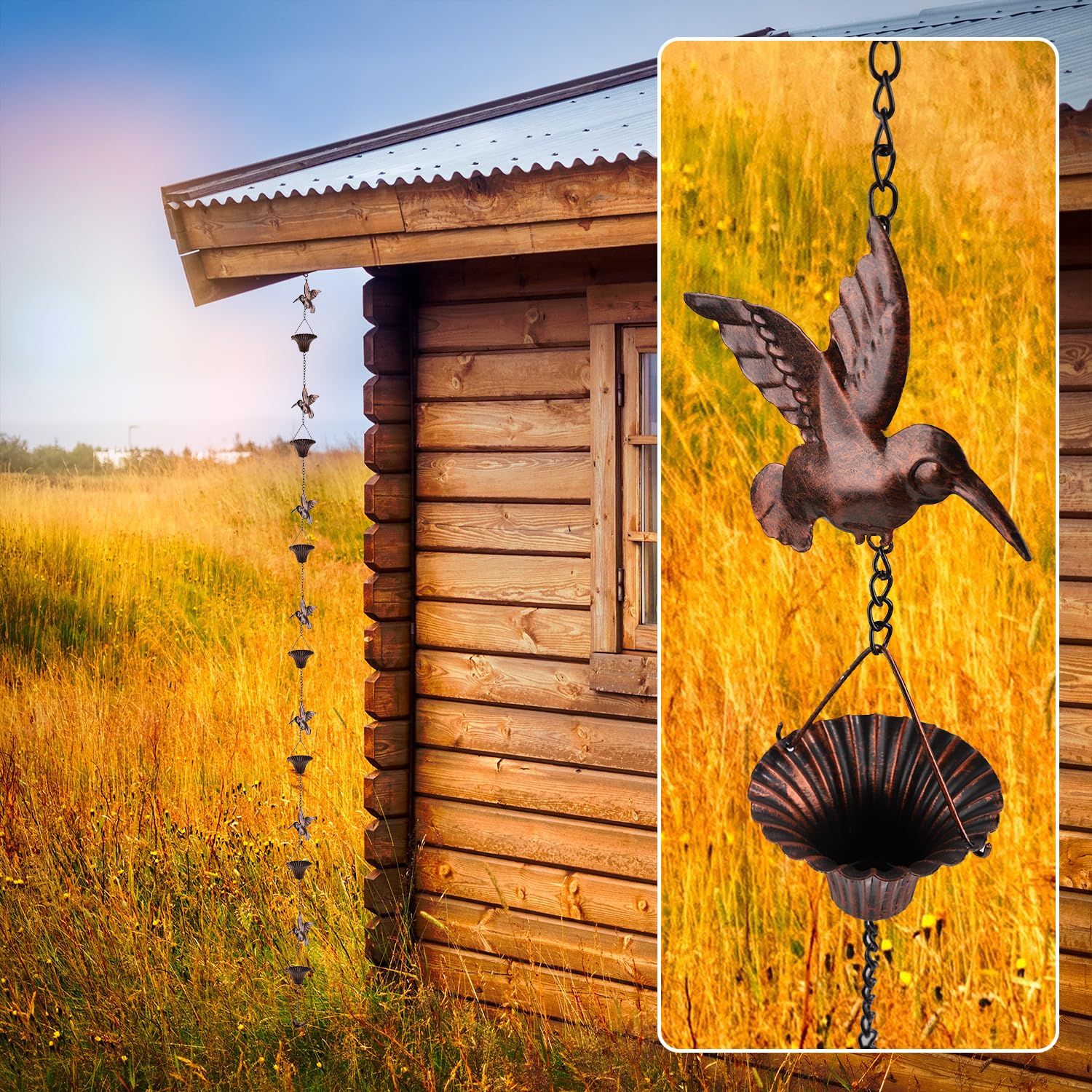 NQEUEPN Cadena Lluvia Pájaros, 2,6 m Cadena Lluvia Colibr Metal Cadena de Bajante Decorativa Campanilla Agua Lluvia CadenaCanalón Lluvia para Exteriores Decoración para Terrazas, Villas, Patios
