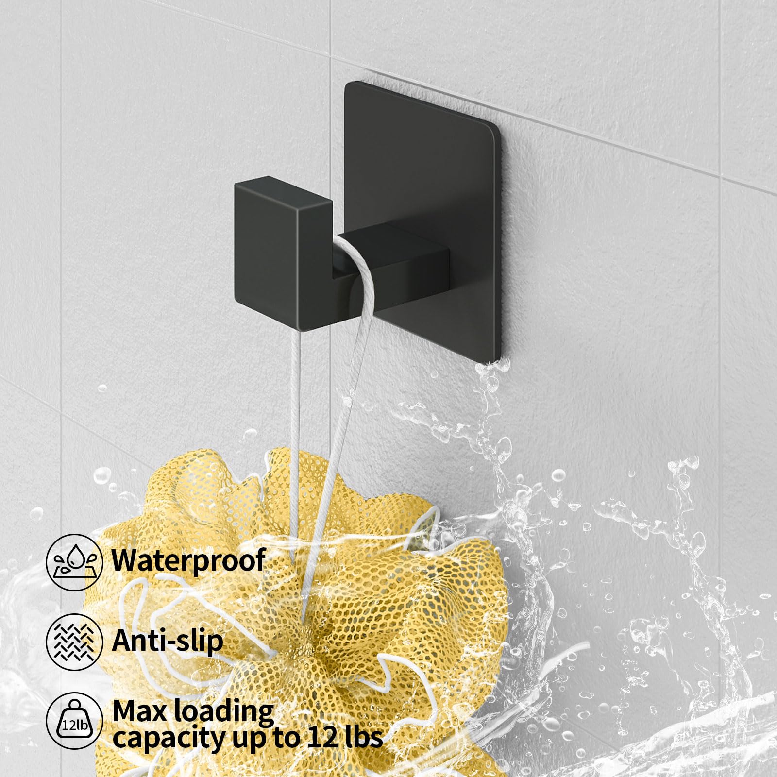Paquete de 6 ganchos adhesivos para toallas de baño, pared interior de ducha resistente, adhesivo en el abrigo de bata, colgador de baño, pared, cocina, armario, RV (negro)