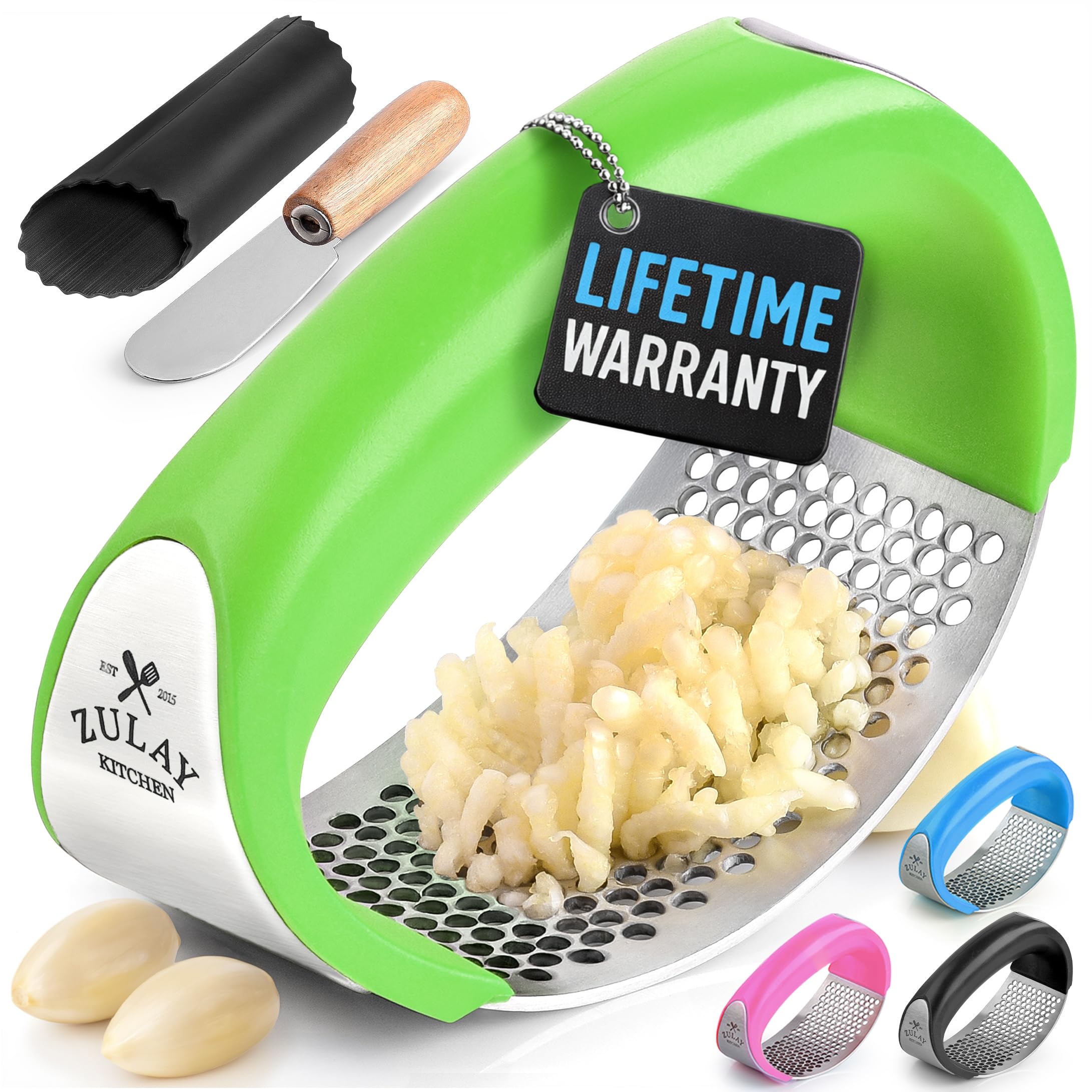 Zulay Kitchen Stainless Steel Garlic Press Rocker Set - Premium Garlic Mincer Garlic Crusher - New Innovative Garlic Crusher with Peeler and Scraper -