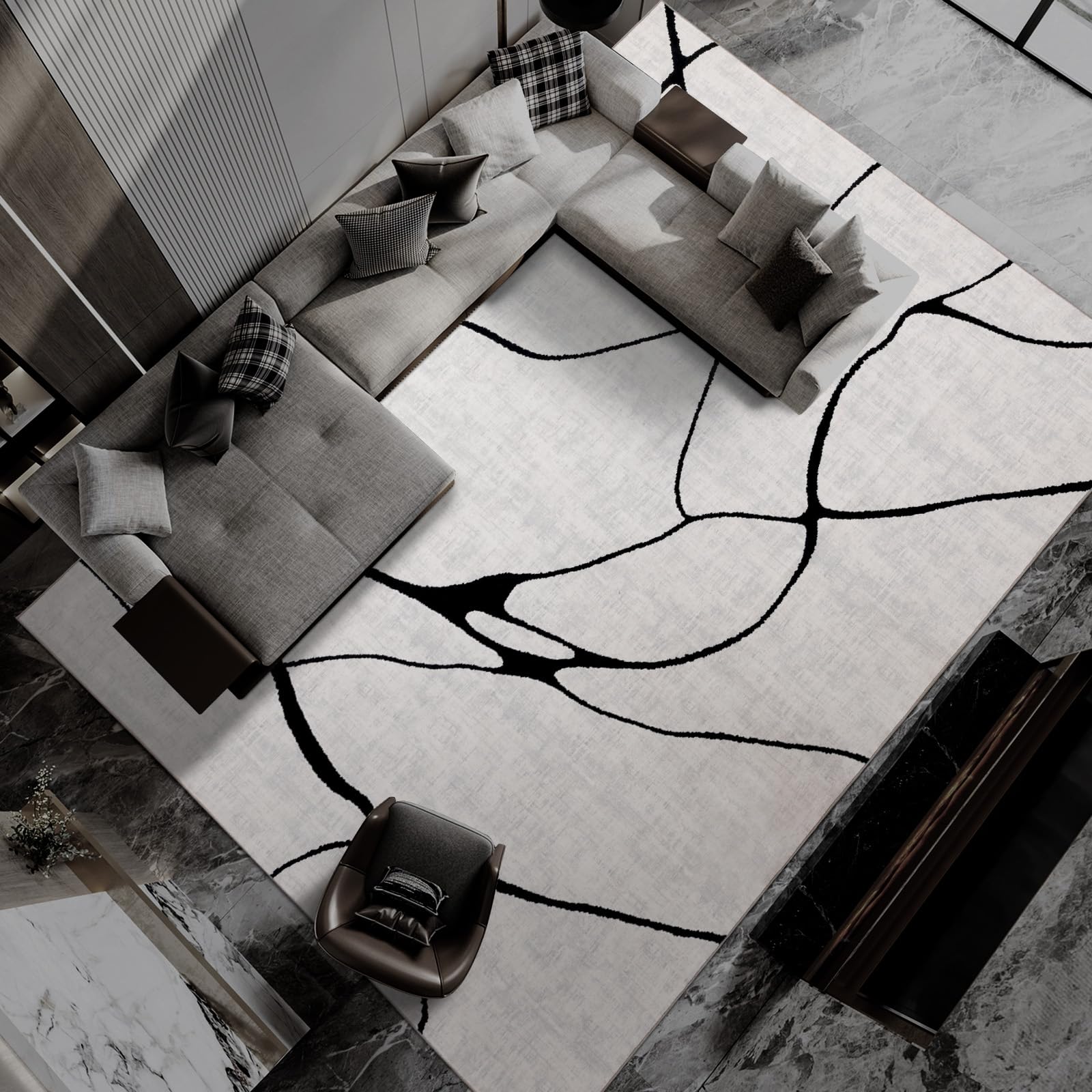 YIHOUSE Modern Washable Area Rug for Living Room Bedroom - Large Abstract Black and White Rug Non-Slip Ultra-Thin
