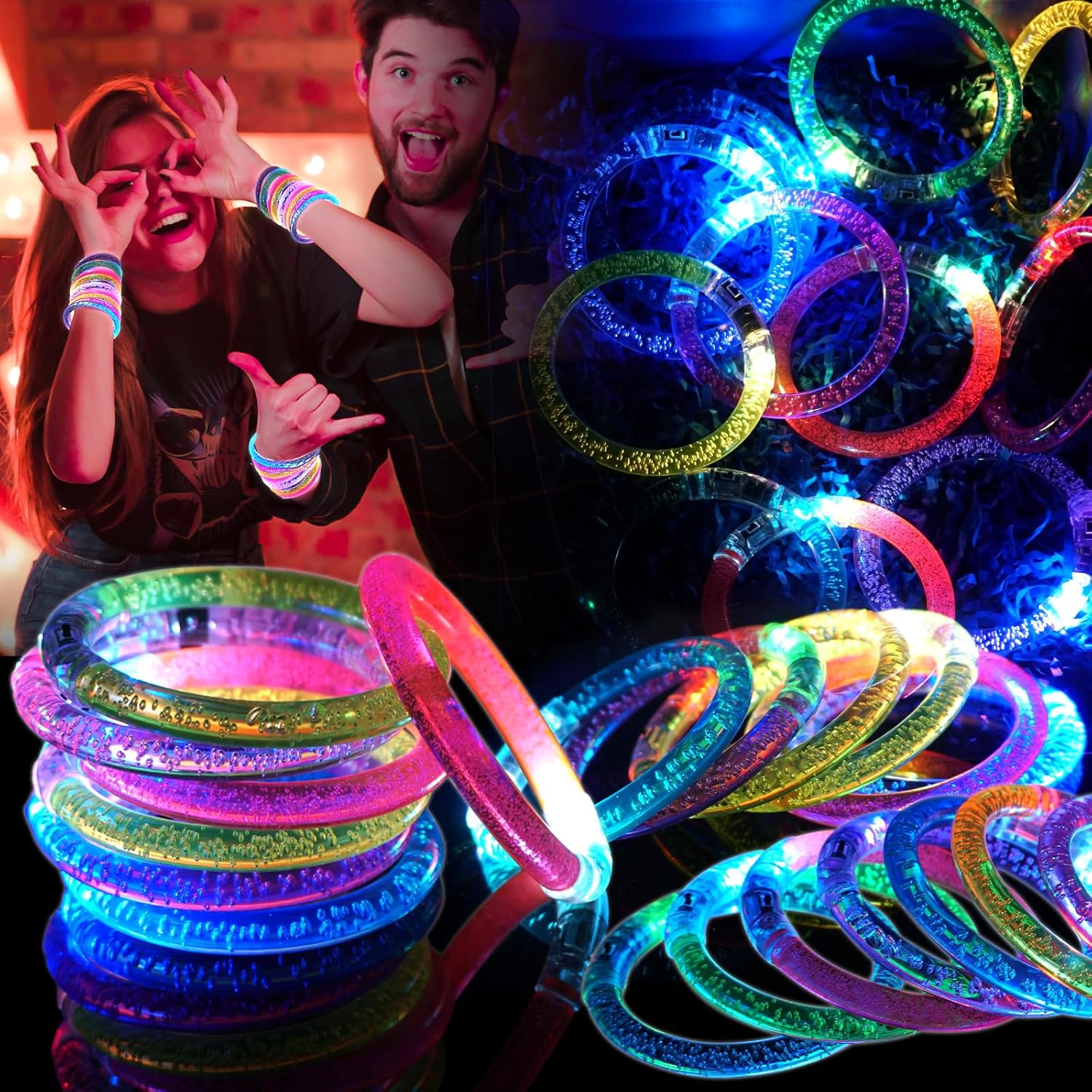 90 Pack Glow Bracelets, Glow in the Dark Party Supplies, 6 Color LED Light Up Bracelets for Adults & Kids Birthday Party Favors, Concert, New Year, Carnival, Raves