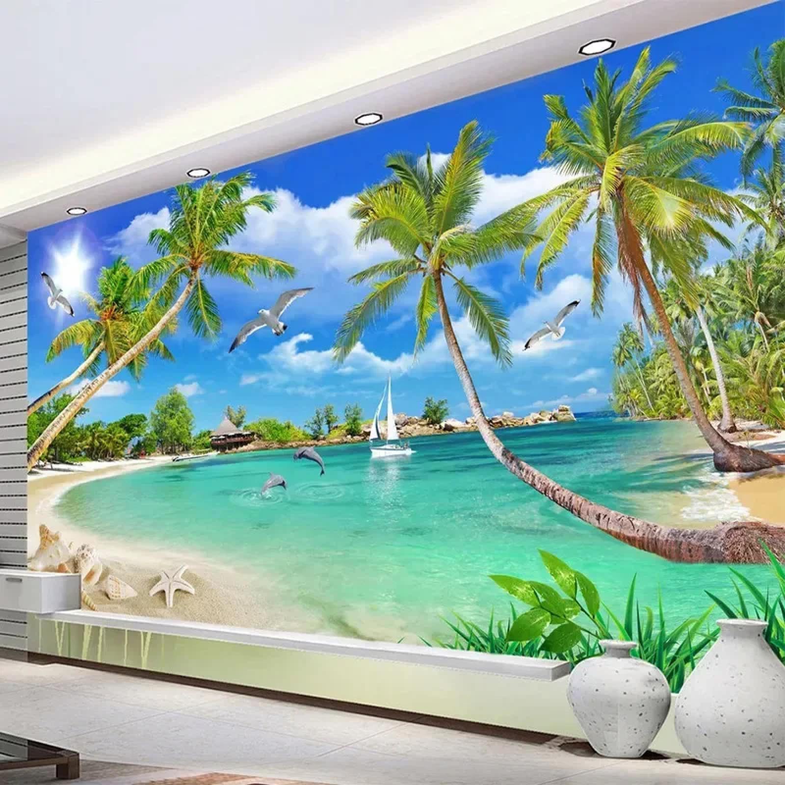 Murale 3D con spiaggia, cocco, gabbiano, delfino, barca a vela, oceano, paesaggio, soggiorno, TV, divano (PVC autoadesivo)