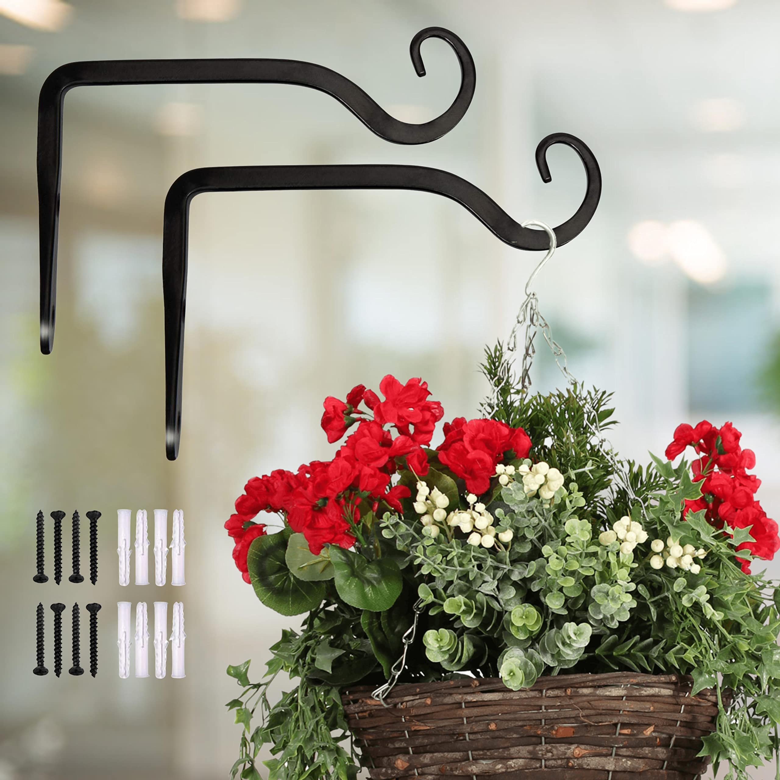 ecofynd 2 Pack Metal Wall Hook Hanging Plant Bracket | Decorative Straight Plant Hanger for Pots, Bird Feeders, Planters, Lanterns, Cotton, Wind Chimes Indoor Outdoor, Black-picture-38