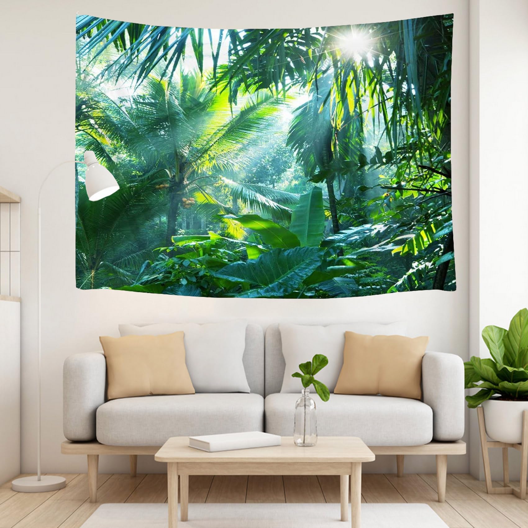 Papier Peint Intissé Lavable Mural Panoramique Feuilles Vert Jungle Fleurs - 312x219 Cm Cuisine Chambre Salon - Bricolage