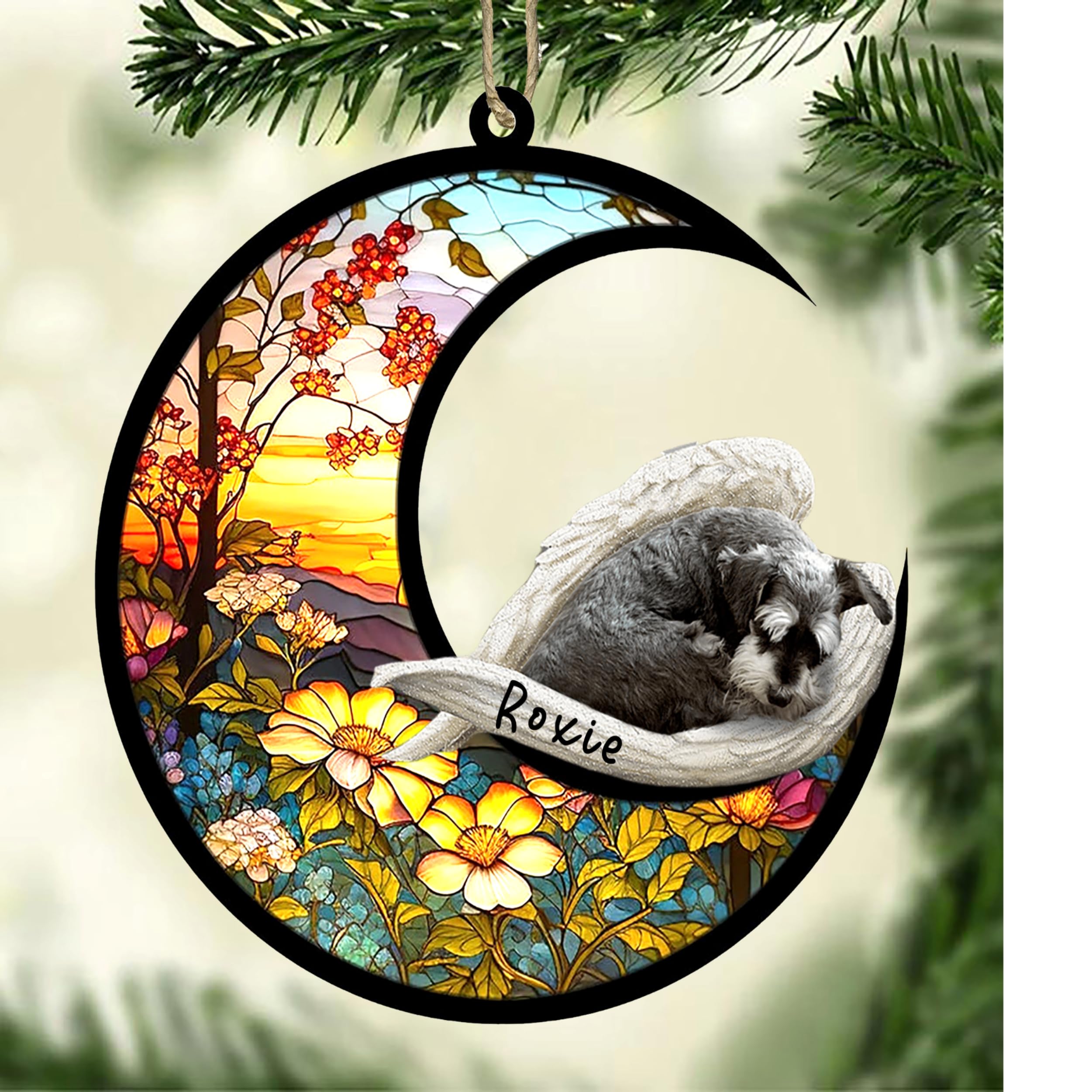 Personalized Schnauzer Dog Memorial Suncatcher, Schnauzer Christmas Ornament with Name, Pet Loss Catcher, Gifts for Dog Lovers Loss of Dog, Schnauzer Sleep on Haven
