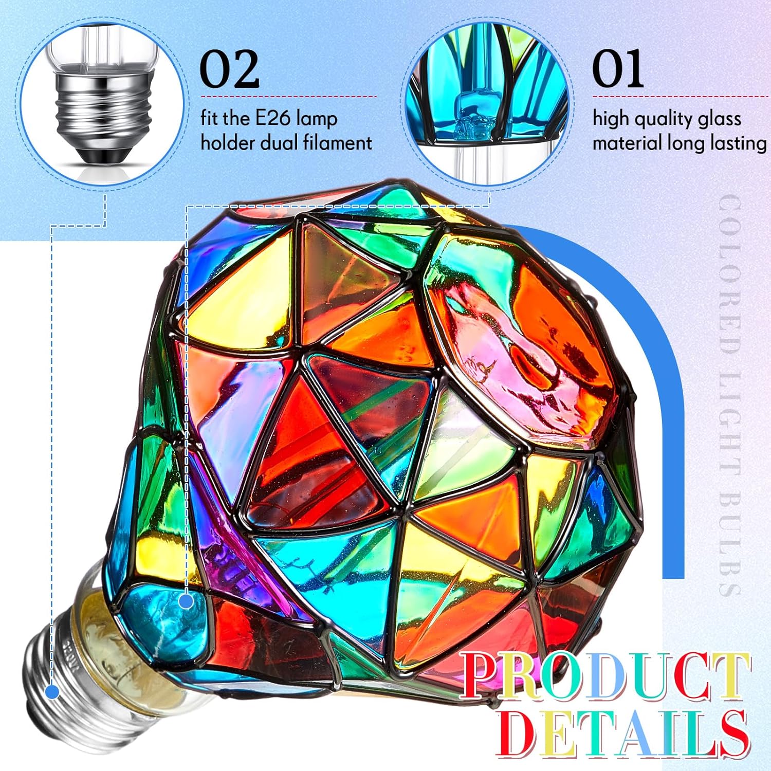 Baquler 4 Pcs Stained Glass LED Light Bulb Diamond Shape E26 Base A60 6 Watts G95 Shape Colorful Flickering Light Bulbs for Christmas, Home Balcony Garden Party Decoration (Retro)