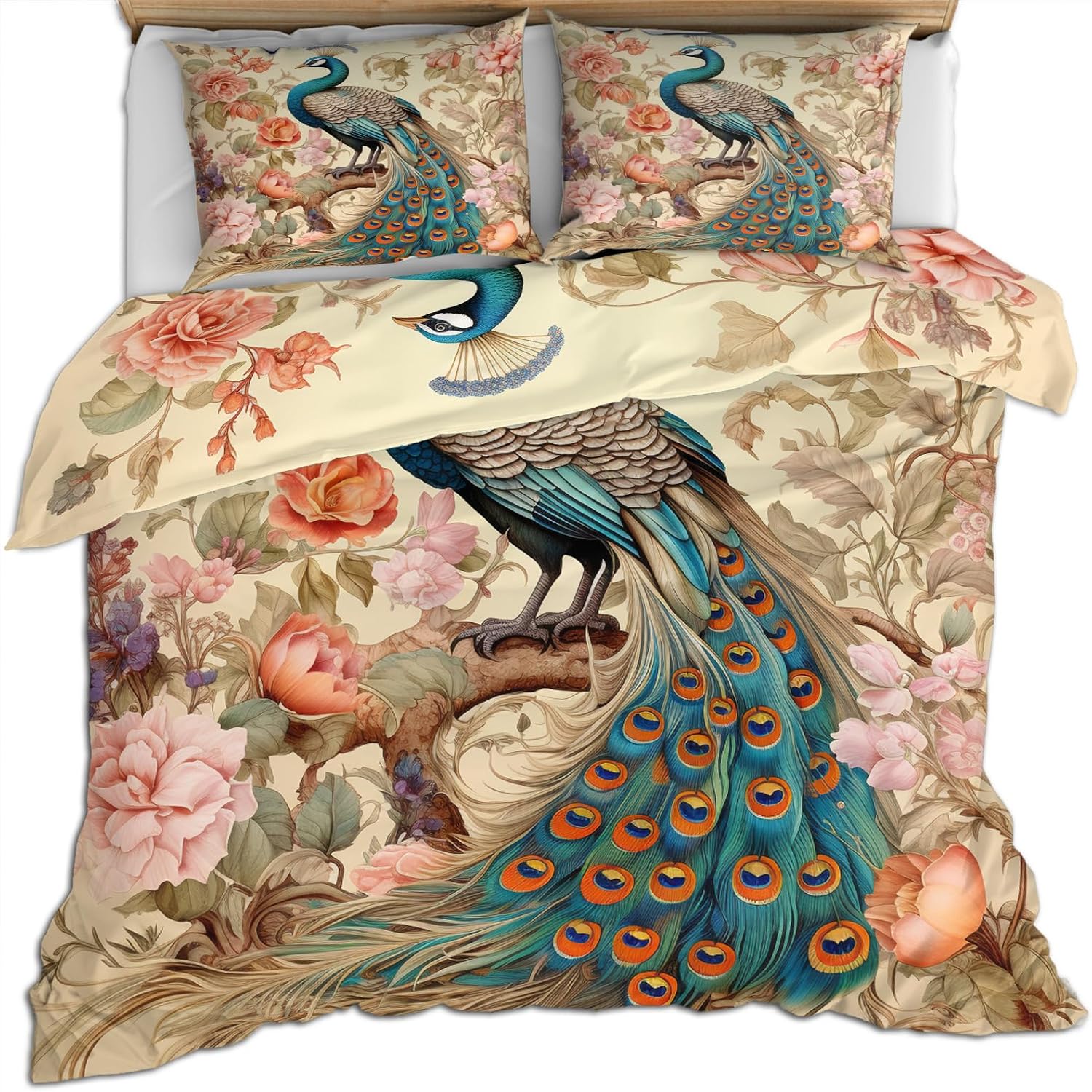 Peacock Duvet Cover Queen Size, Vintage Peony Peacock Bedding Set 3 Piece Bedroom Decor Garden Birds Flower Patterned Comforter Cover with Zipper Ties & 2 Pillowcases