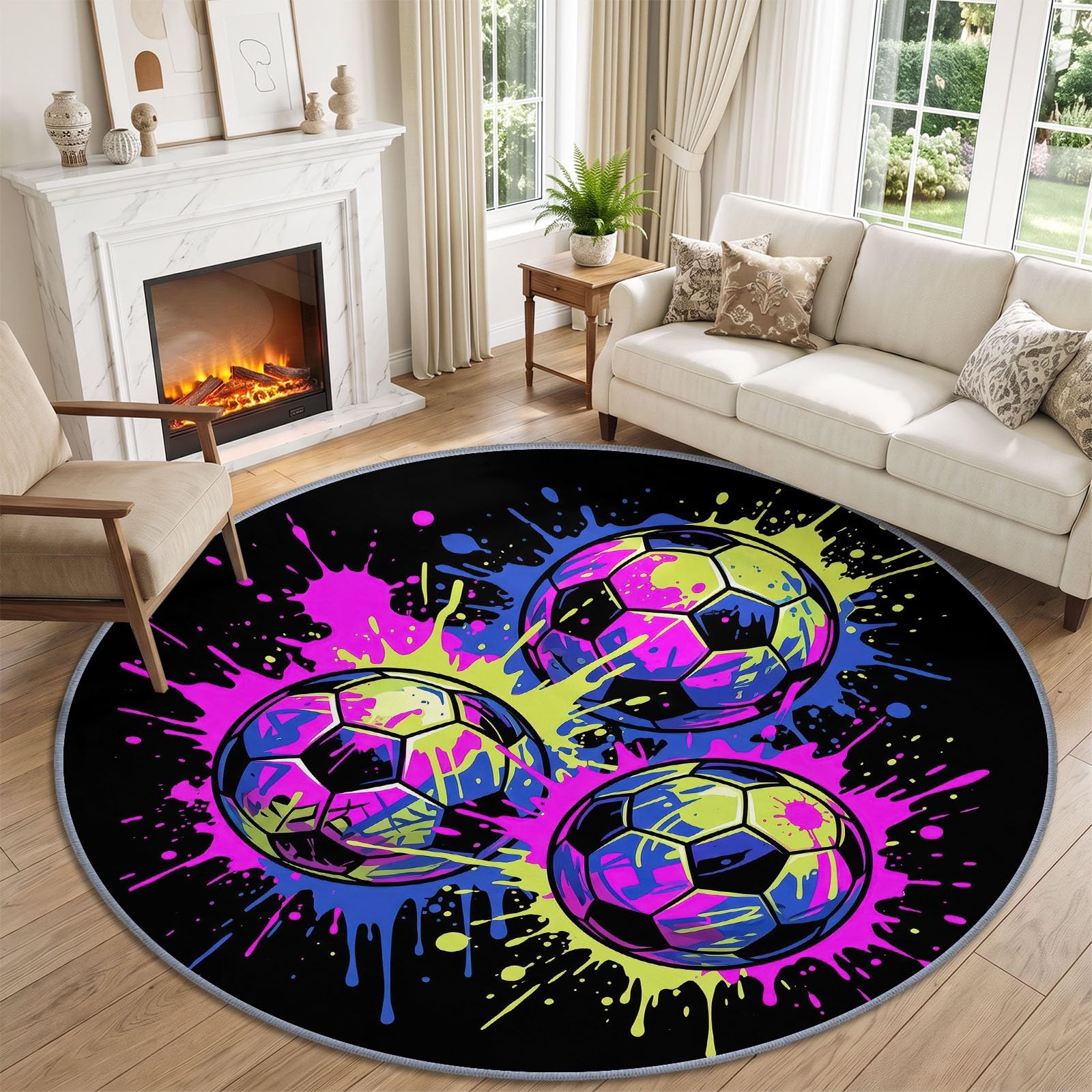 Graffiti dywan piłkarski, do salonu, okrągły, czarny, 120 cm