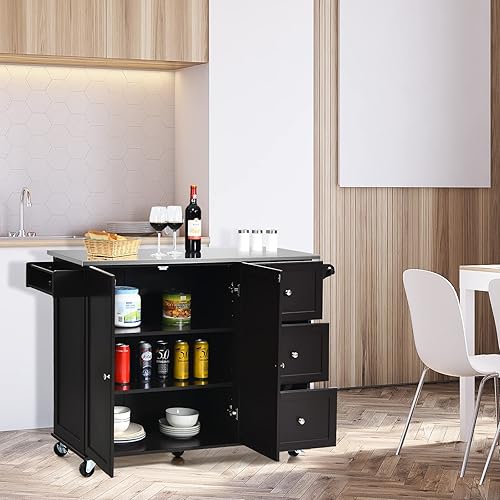 Miniatura 2 de Isla de cocina con parte superior de acero inoxidable, carrito de cocina rodante con armario de almacenamiento, 3 cajones, toallero y estante para