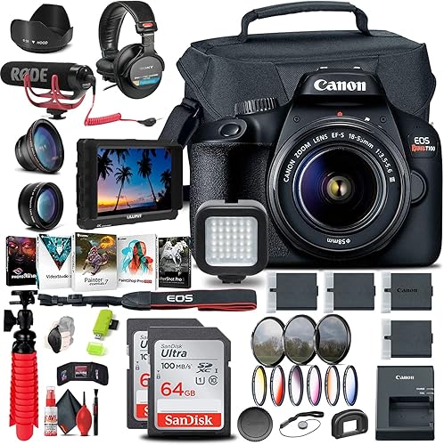 Canon EOS Rebel T100 / 4000D Cámara DSLR con lente de 0.709-2.165 in, monitor 4K, micrófono, auriculares, 2 tarjetas de 64 GB, kit de filtro, funda,