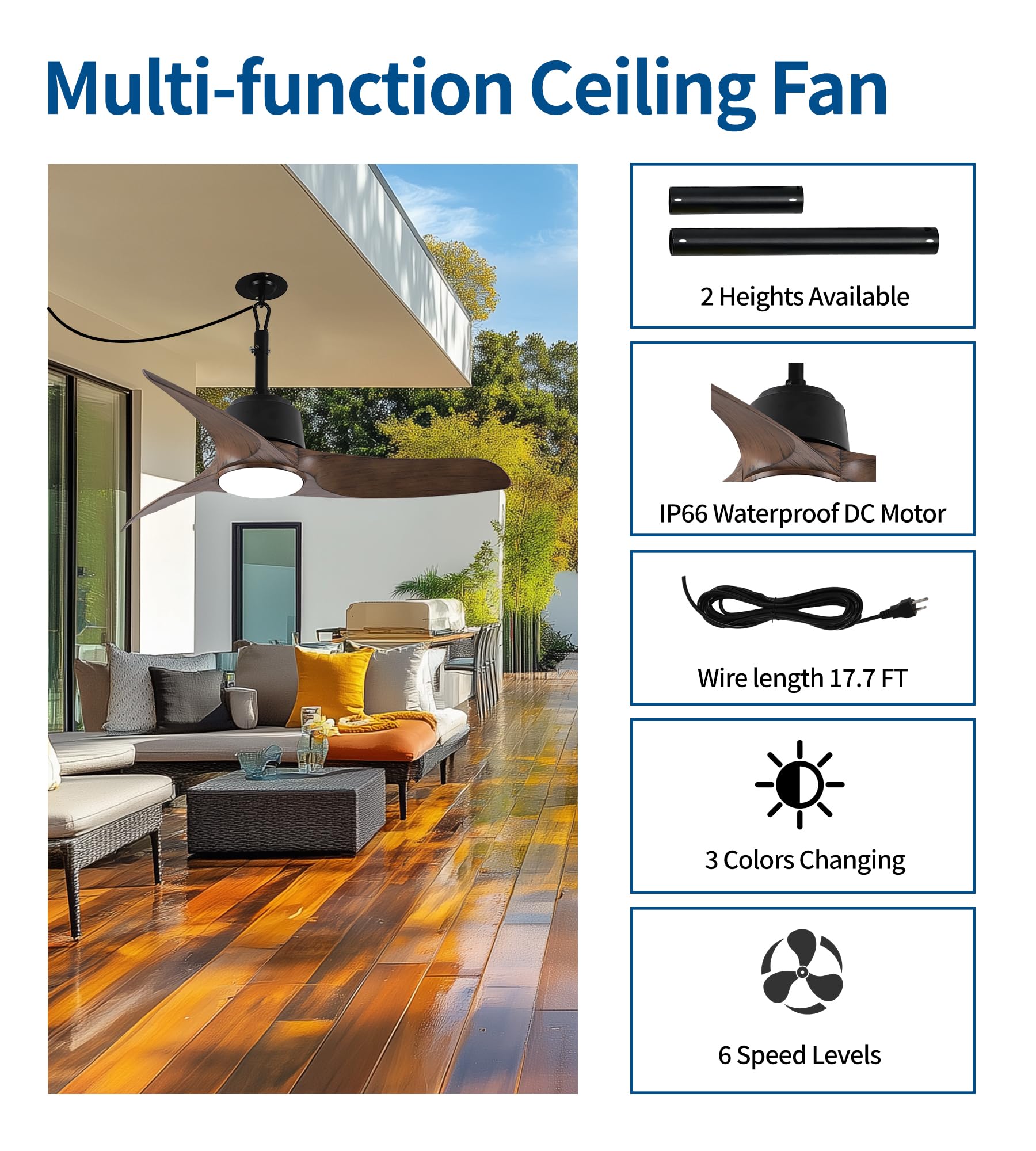 42 Outdoor Ceiling Fans with Lights and Remote Control IP66 Wet Rated Waterproof Ceiling Fan with 6-Speed DC — view 5