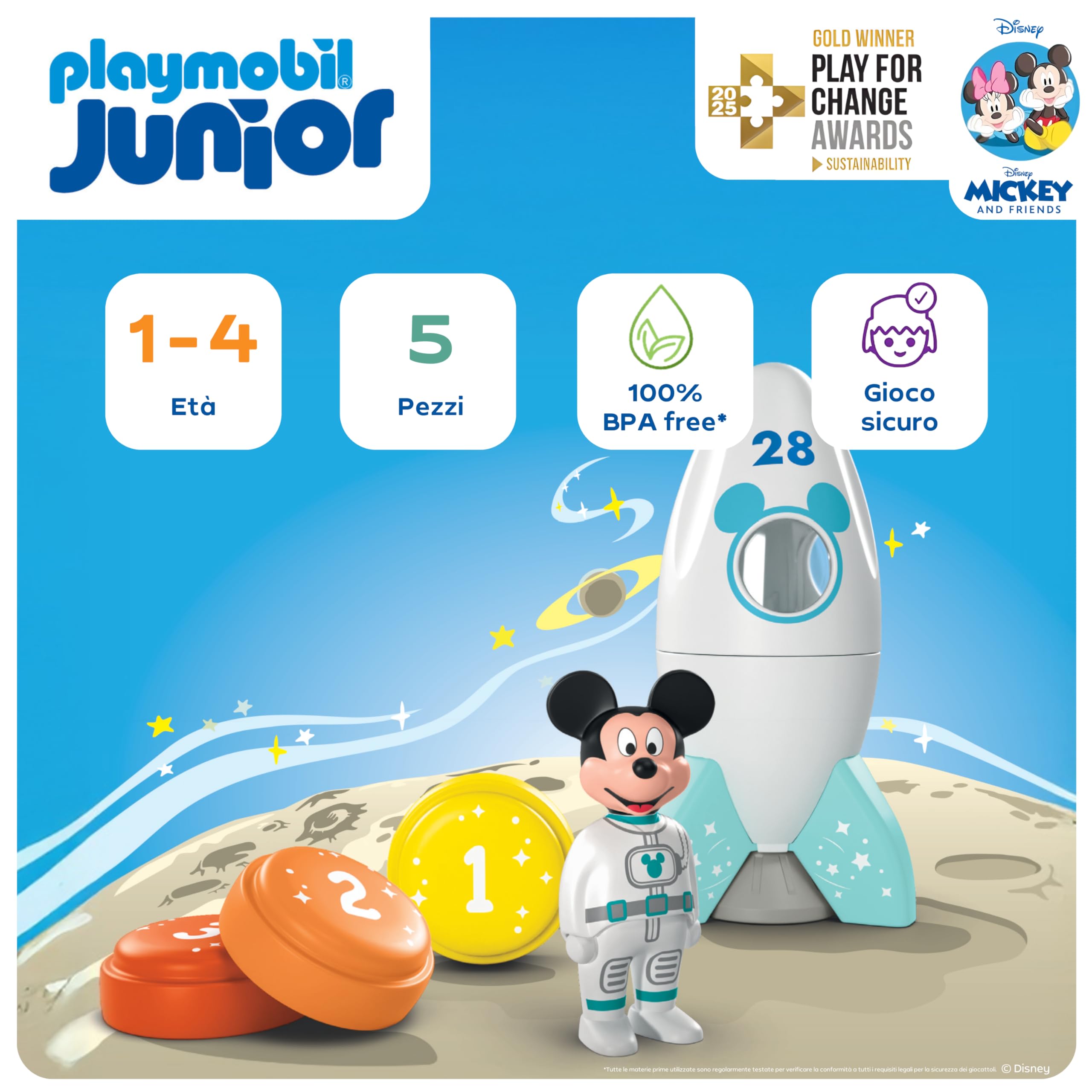 PLAYMOBIL JUNIOR & Disney Razzo di Topolino e avventura spaziale, Giocattolo sostenibile da 1 anno, Regalo per i più piccoli, Favorisce l'immaginazione e il primo apprendimento, 71771