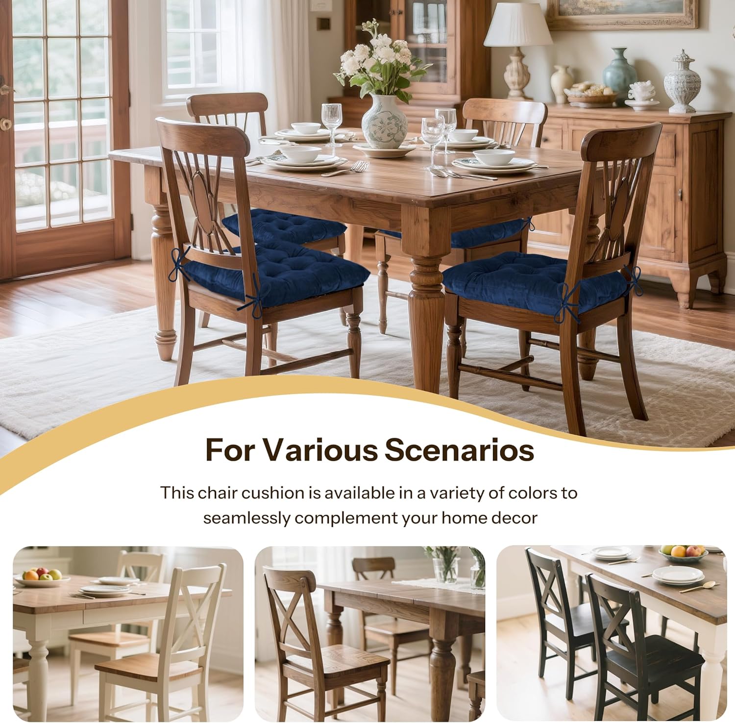 2 Pack Tufted Kitchen Chair Cushions Soft Indoor Chair Pads with Ties Thick Square Seat Cushions for Dining Room 15.5"x15.5" Navy