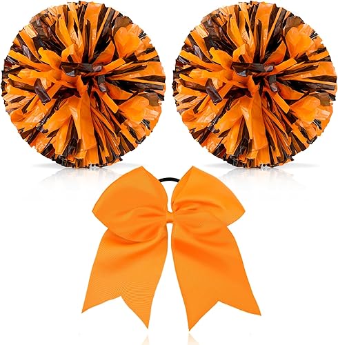 Miniatura 113 de Hanaive 3 pompones de animadora y lazo grande para animadora para el pelo, suministros metálicos para animadora de espíritu de equipo, deportes