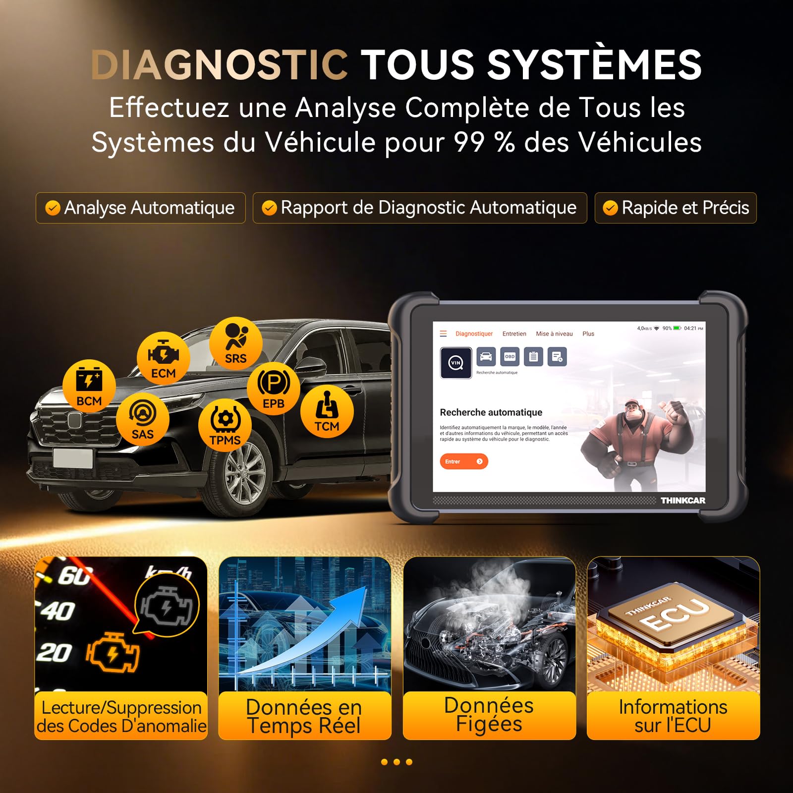 thinkcar Outil D'analyse Bidirectionnel sans Fil, Outil de Diagnostic Automobile Tous Systèmes THINKSCAN 689BT, Scanner OBD2 Bidirectionnel avec Codage ECU, 34 Services (THINKSCAN 689BT)