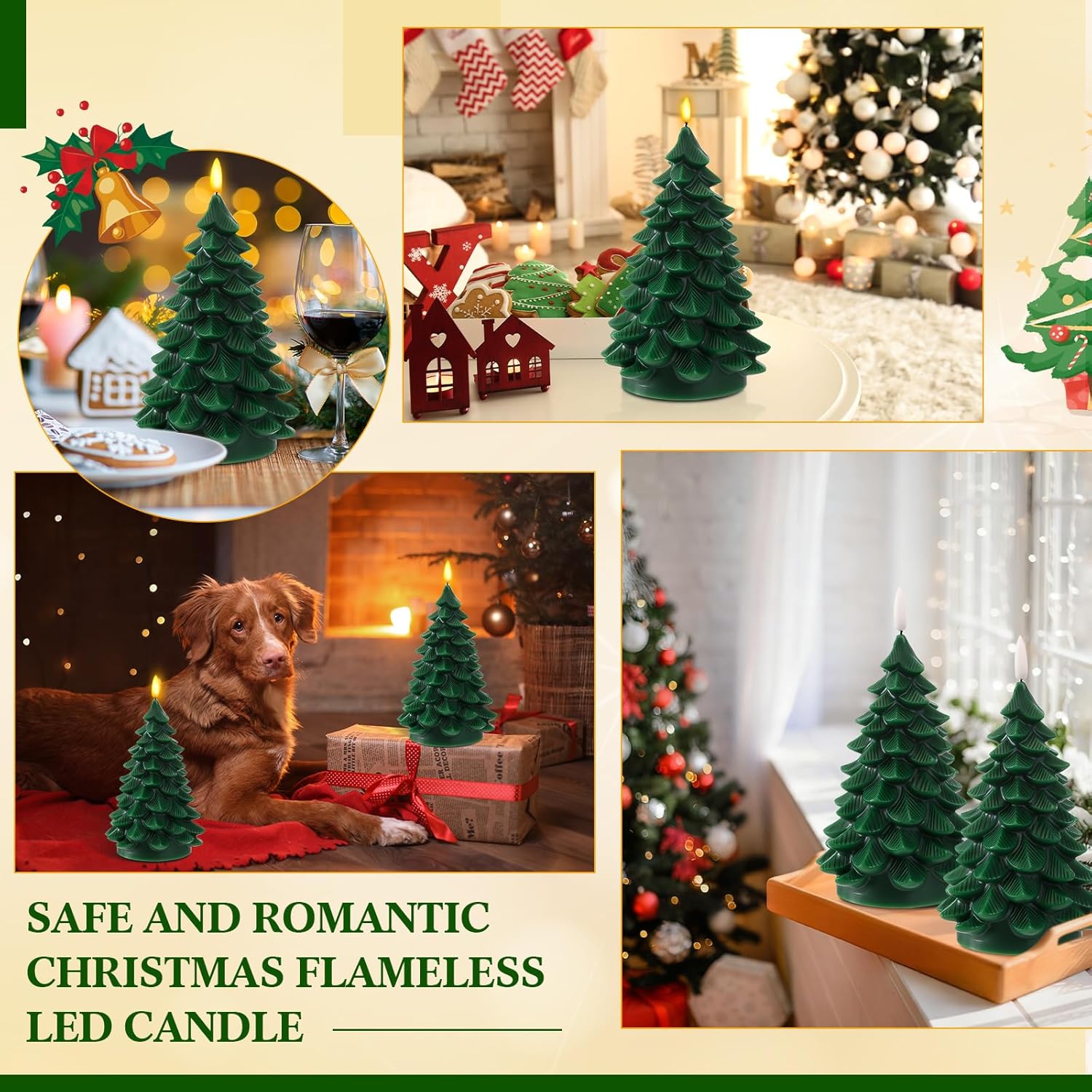 Aurelema 2 Pack 8" Large Christmas Tree Flameless Candle with Remote Timer, Large Real Wax Battery Operated Pillar Candle, 3D Wick LED Flickering Candles for Xmas Party Home Dinner Decor (Green)