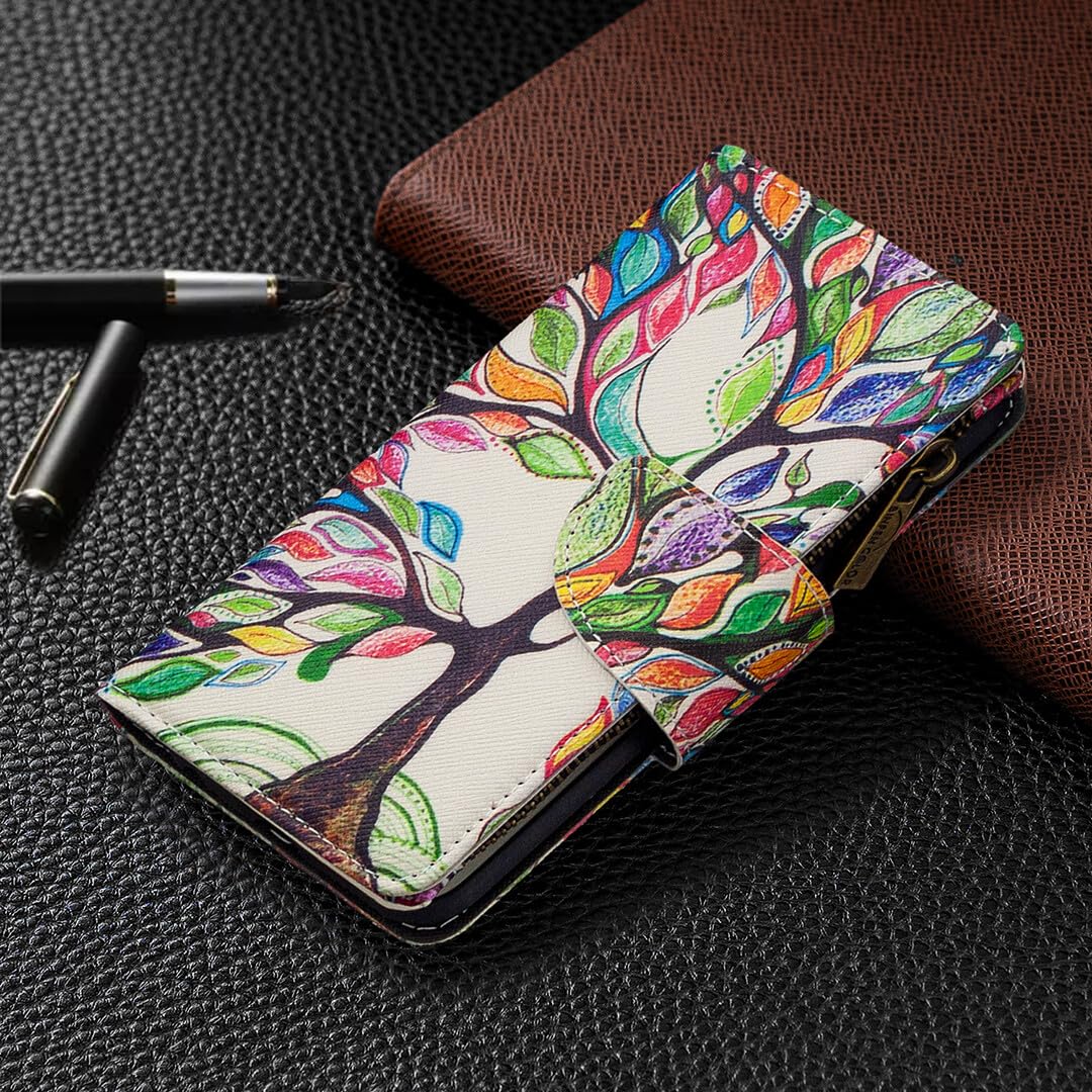 Generic etui kompatybilne z Samsung Galaxy A42 (5G (kolor: drzewo) trwały wzór skórzany portfel magnetyczne etui z klapką na zamek błyskawiczny przegródki na karty