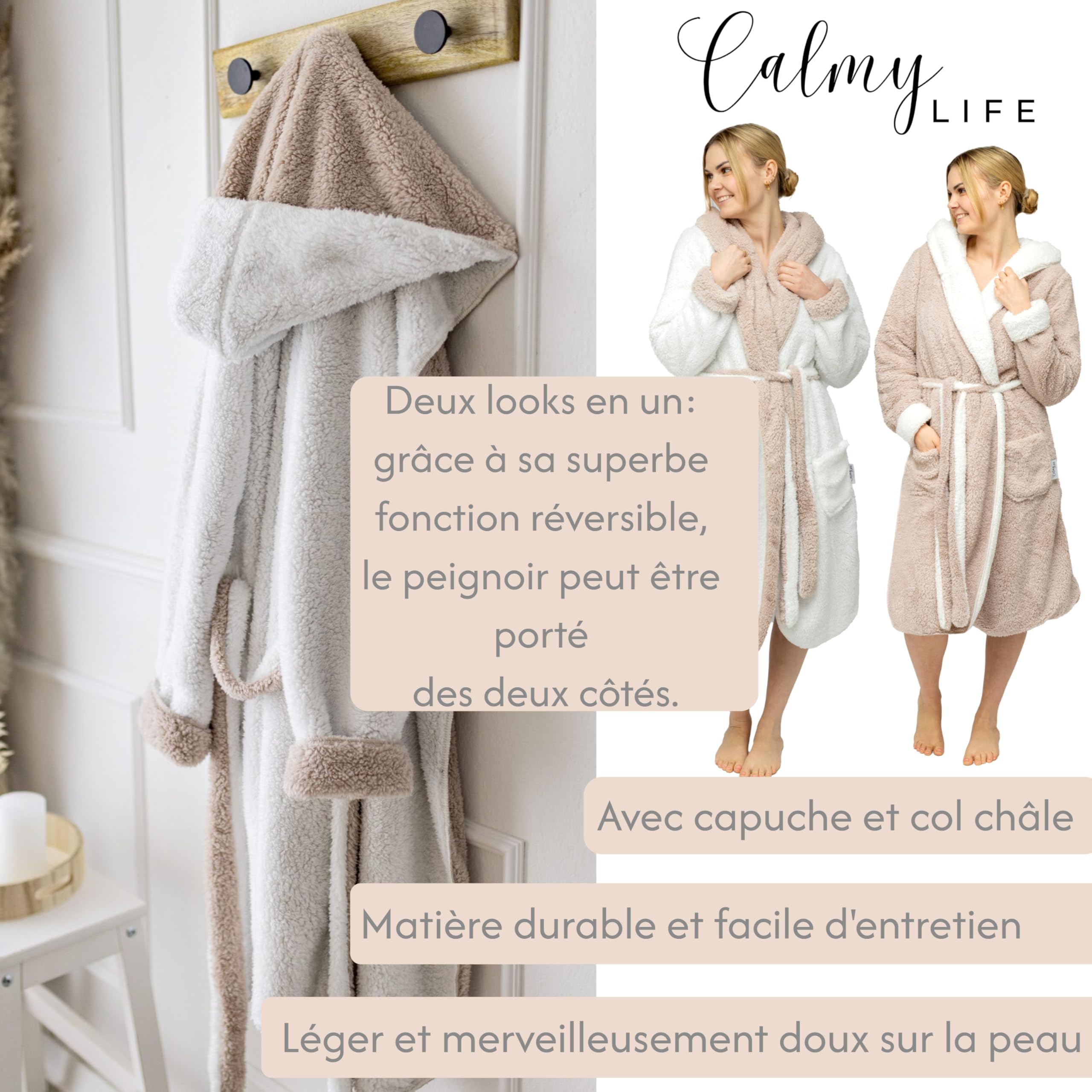 Peignoir moelleux pour femme - Avec fonction réversible douillet à capuche Robe de Chambre de Bain Cocooning Douillet