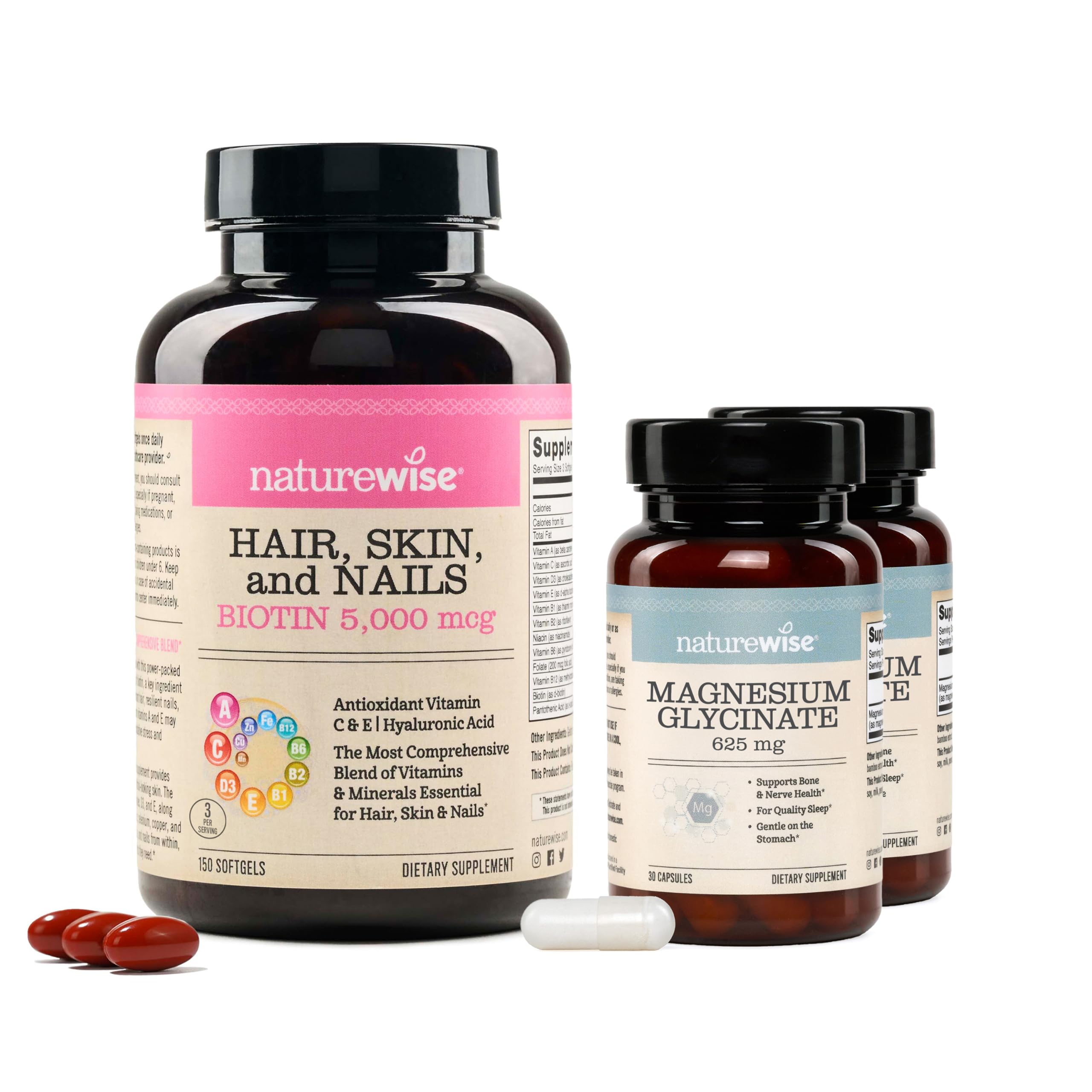 NatureWise [1] Hair Skin & Nails - Biotin + Multi Vitamin - 150 Softgels[50-Day Supply] + (Pack of 2) Magnesium Glycinate 625mg - Chelated Magnesium - 30 Capsul