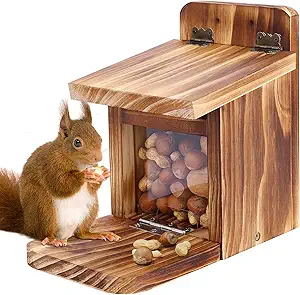 MIXXIDEA Wooden Squirrel Feeder Box, Sturdy Squirrel Feeding House with Thickness 1.5CM Wood, No Assembly Required, for Backyard Outside Garden (1 PCS)