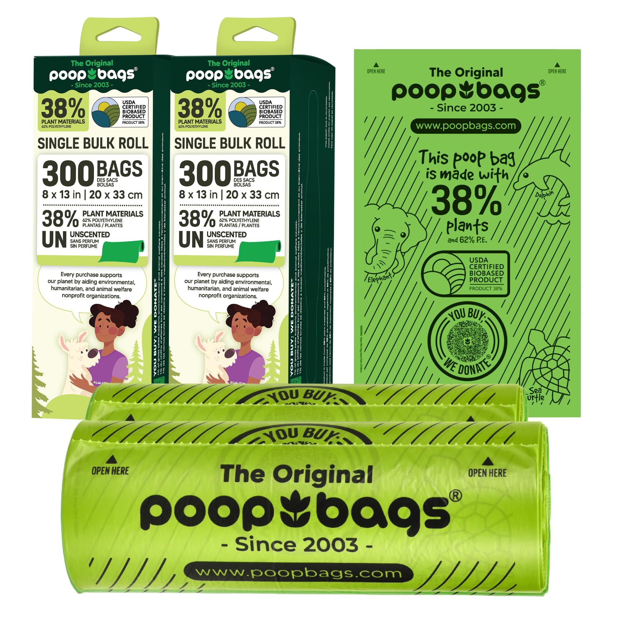 The Original Poop Bags® USDA Certified 38% Plant-Based Doggy Poop Bags Refills - Unscented, Leak-Proof & Strong, Single Bulk Roll, 600 Count