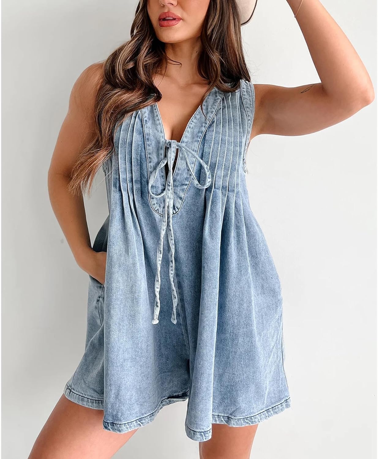 SOMTHRON Women's Casual Sleeveless Denim Romper Tie Front V Neck Summer Jean Overall Shorts With Pockets - Image 4