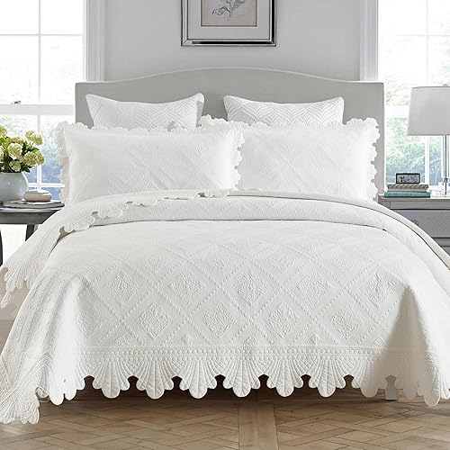 Miniatura 31 de MarCielo Juego de ropa de cama de 3 piezas, 100 % algodón, juego de colcha de gran tamaño, ligero y bordado, estilo rústico (TX blanco brillante, Tf