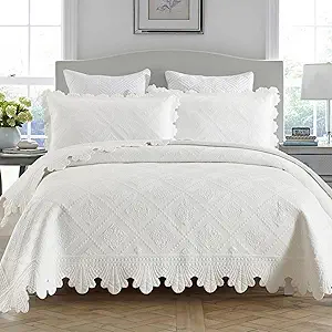 MarCielo 3-Piece 100% Cotton Oversized Bedspread Lightweight Quilt Coverlet Embroidery Farmhouse Bedding Set (TK White, Oversized King (118"x106"))