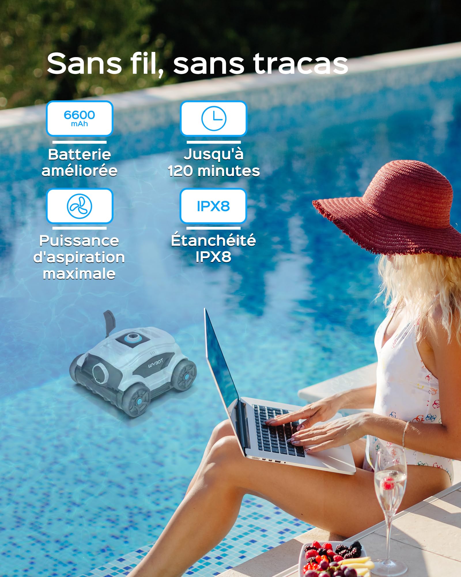 WYBOT Osprey 300II Robot Piscine, Aspirateur Piscine sans Fil avec Batterie,Stationnement Automatique,Nettoyeur Piscine pour Piscines Hors Sol 100 m²,Buse Réglable,120 Min (Noir Blanc)