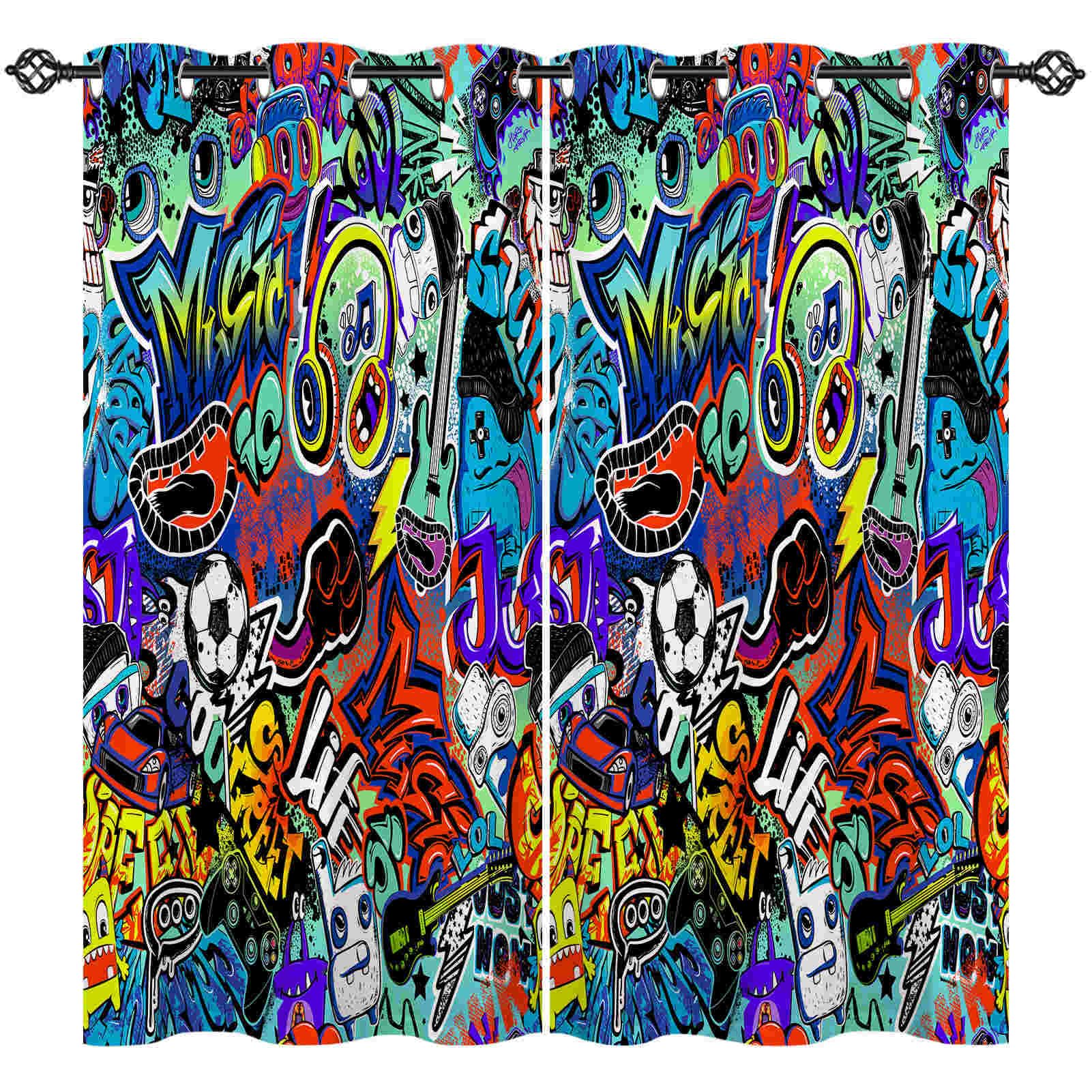 ANHOPE Graffiti Curtains Eyelet Thermal Insulated Blackout Curtains Abstract Monster Football Music Doodle Print Pattern Ring Top Drapes for Kids Boys Girls Teens Bedroom 55 x 69 Inch Drop 2 Panels — image 1