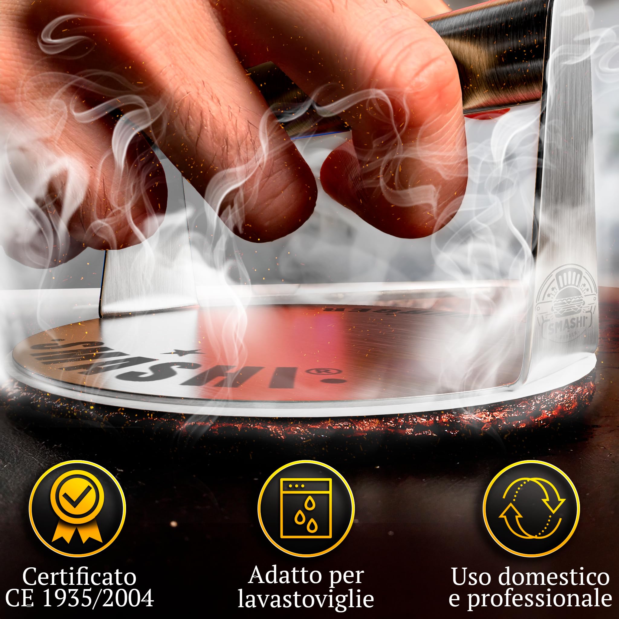 SMASHI® Kit Smash Burger – Smash Burger Press in Acciaio Inox 304 con Spatola, Cupola, 30 Fogli Antiaderenti – Kit BBQ Professionale per Smash Burger Fatti in Casa