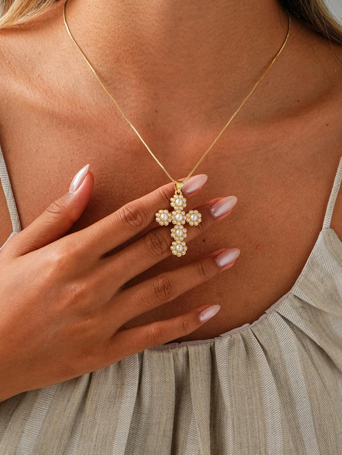 Pearl Cross Necklace for Women Dainty Gold and Pearl Cross Necklaces Bridal Bridesmaid Wedding Faith Christian Jewelry Gift - Image 3
