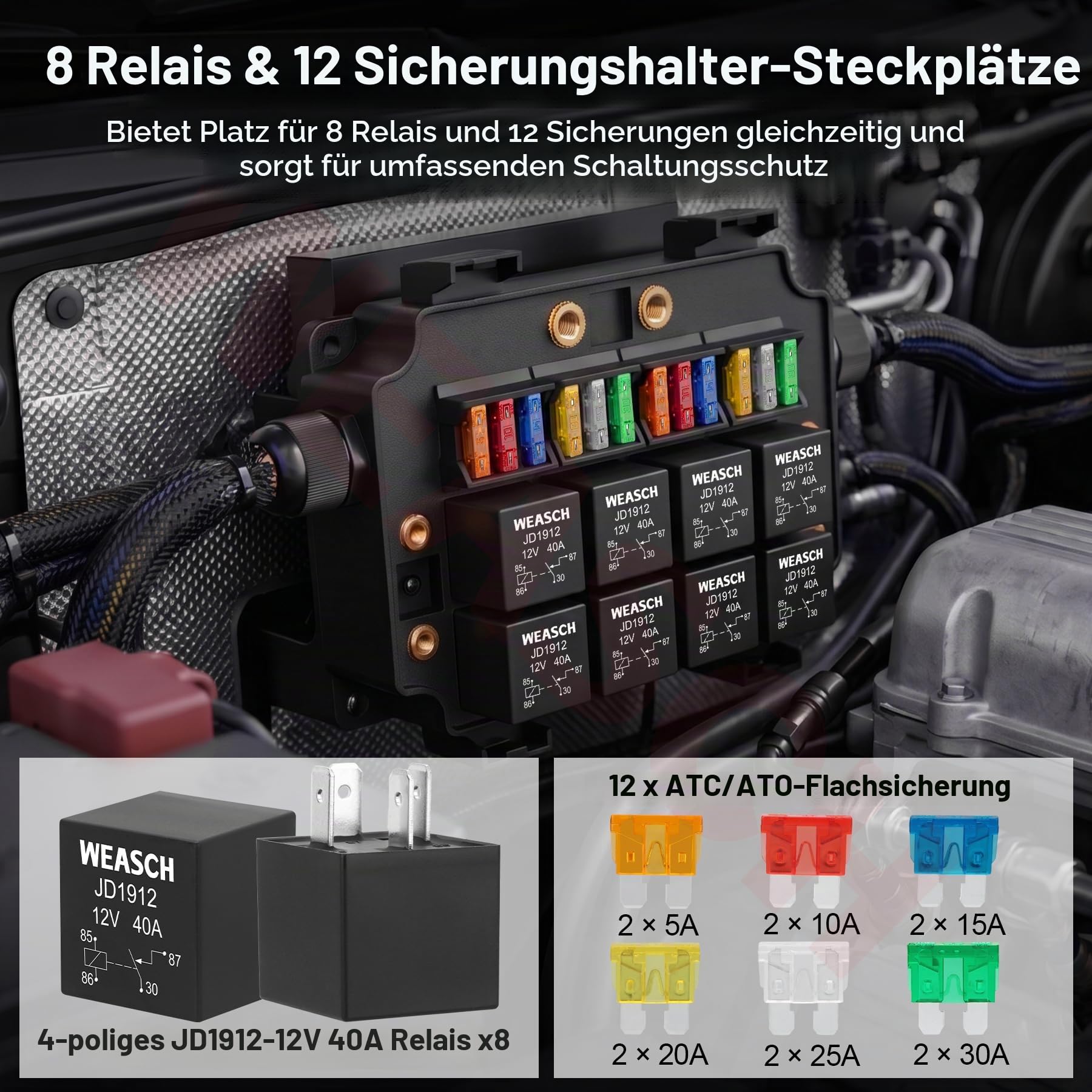12V 12-fach vorverdrahteter, wasserdichter Sicherungs- und Relaiskasten, 8 Relais und 12 ATC/ATO-Flachsicherungen, 4-poliger 40A-Relaisblock und -Kit, für PKW, LKW, Boot und Jeep