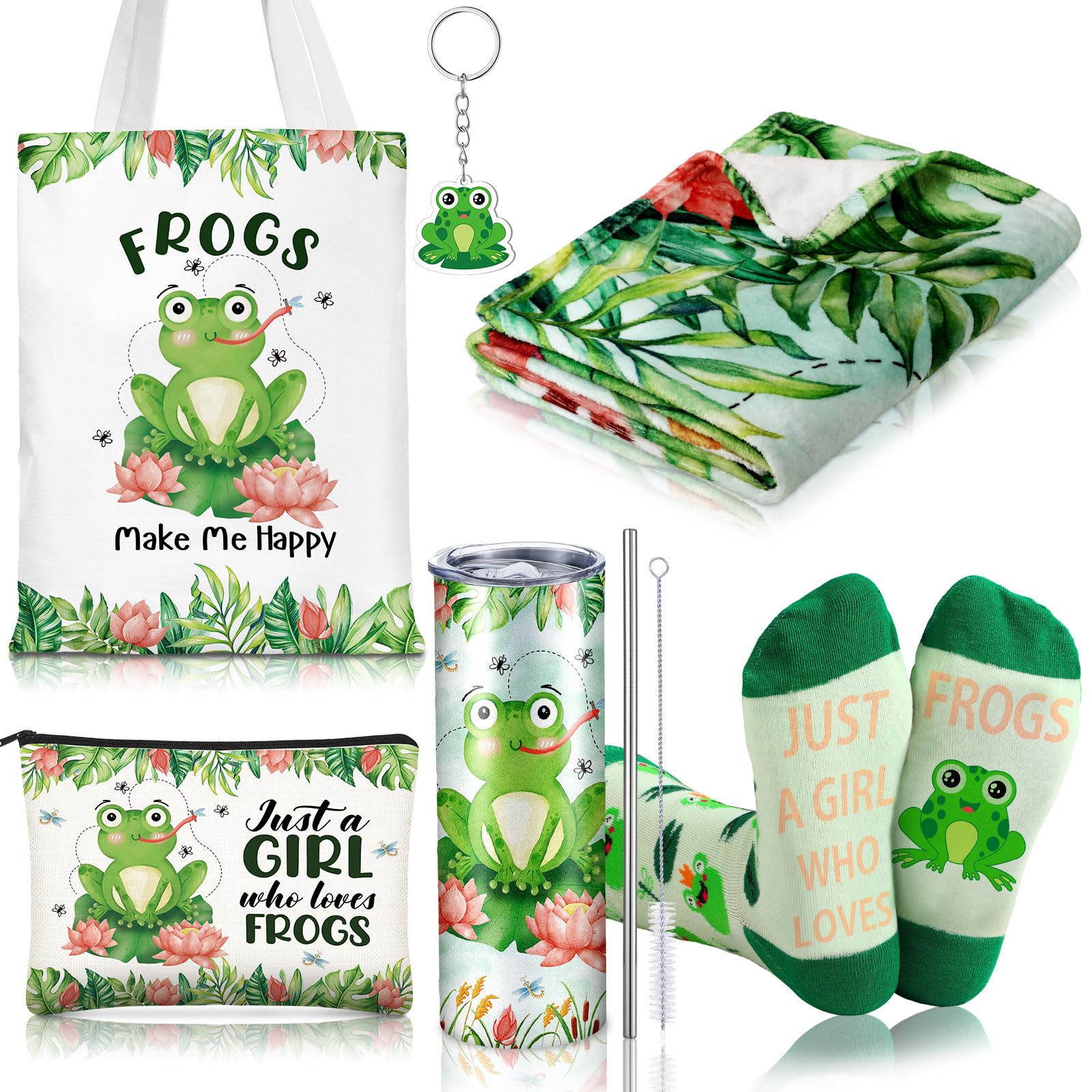Tiangrid 6 Pcs Frog Gifts for Women Include 20 oz Frog Stainless Steel Tumbler with Lid Straw Throw Blanket Cosmetic Bag Just a Girl Who Loves Frogs